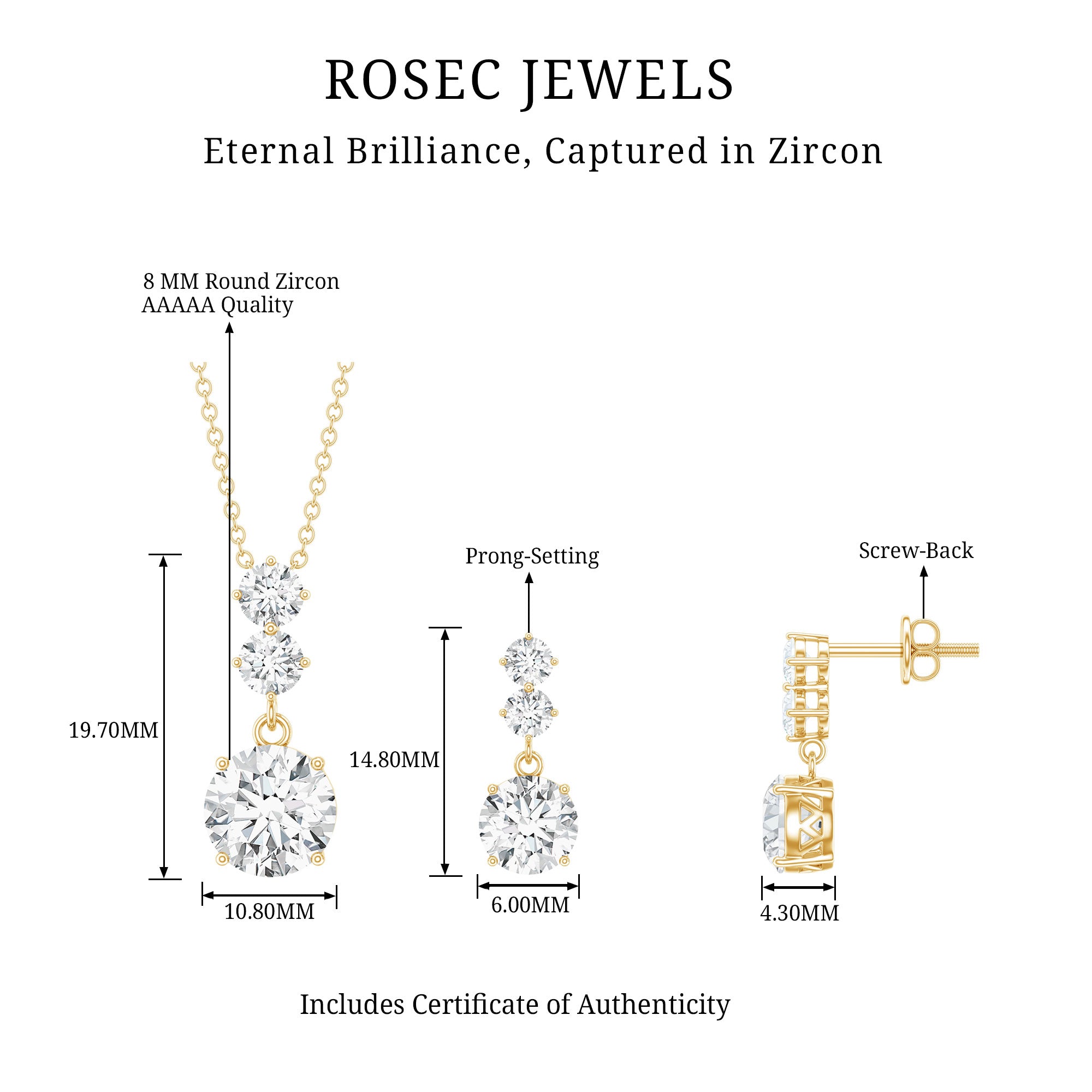 Cubic Zirconia Dangle Necklace and Earrings Set For Bride AAAAA - Rosec Jewels