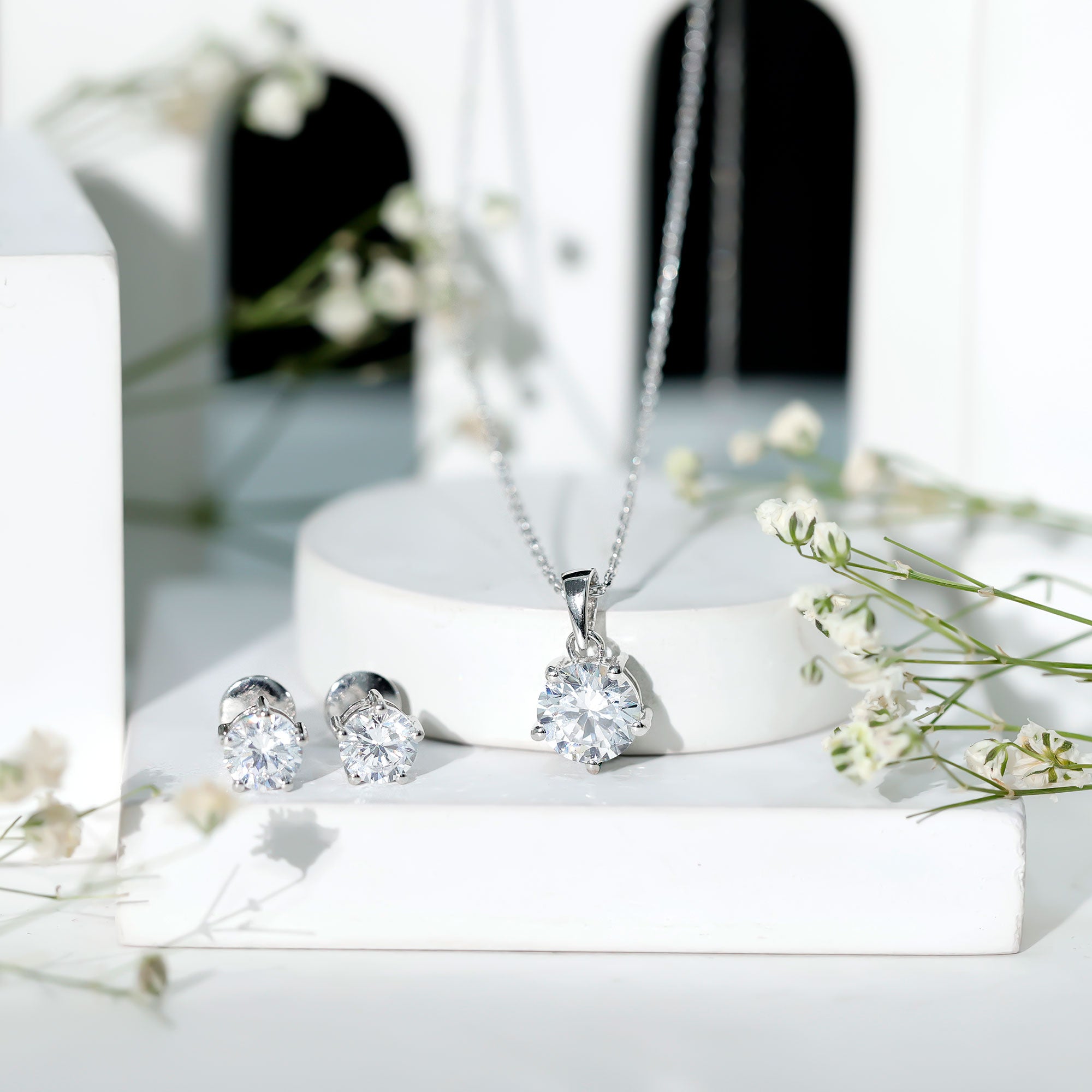 Certified 3.9 Carat Round Cubic Zirconia Solitaire Necklace and Earrings Set AAAAA 92.5 Sterling Silver - Rosec Jewels