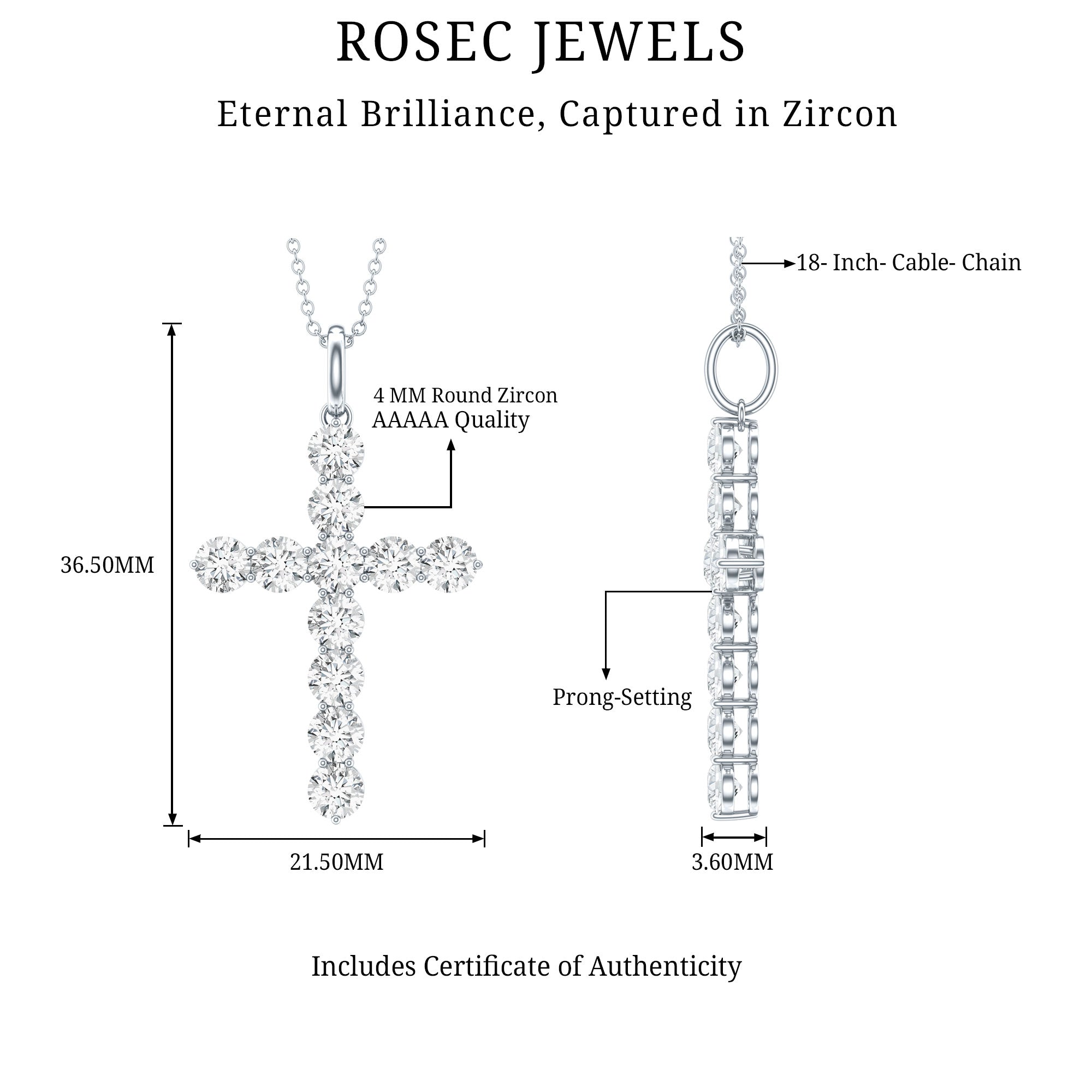 Certified Cubic Zirconia Christian Cross Necklace With Silver Chain AAAAA 92.5 Sterling Silver - Rosec Jewels