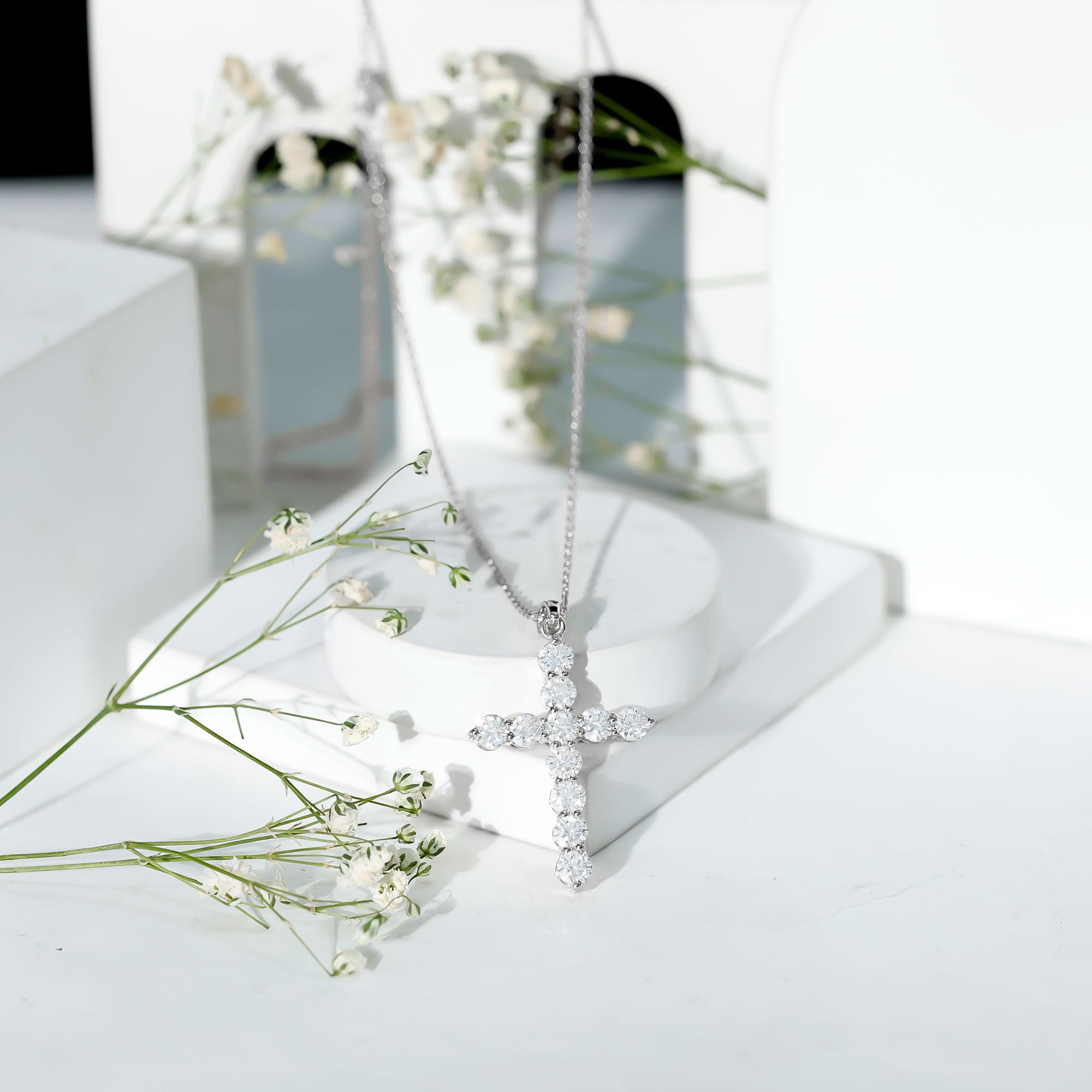 Certified Cubic Zirconia Christian Cross Necklace With Silver Chain AAAAA 92.5 Sterling Silver - Rosec Jewels