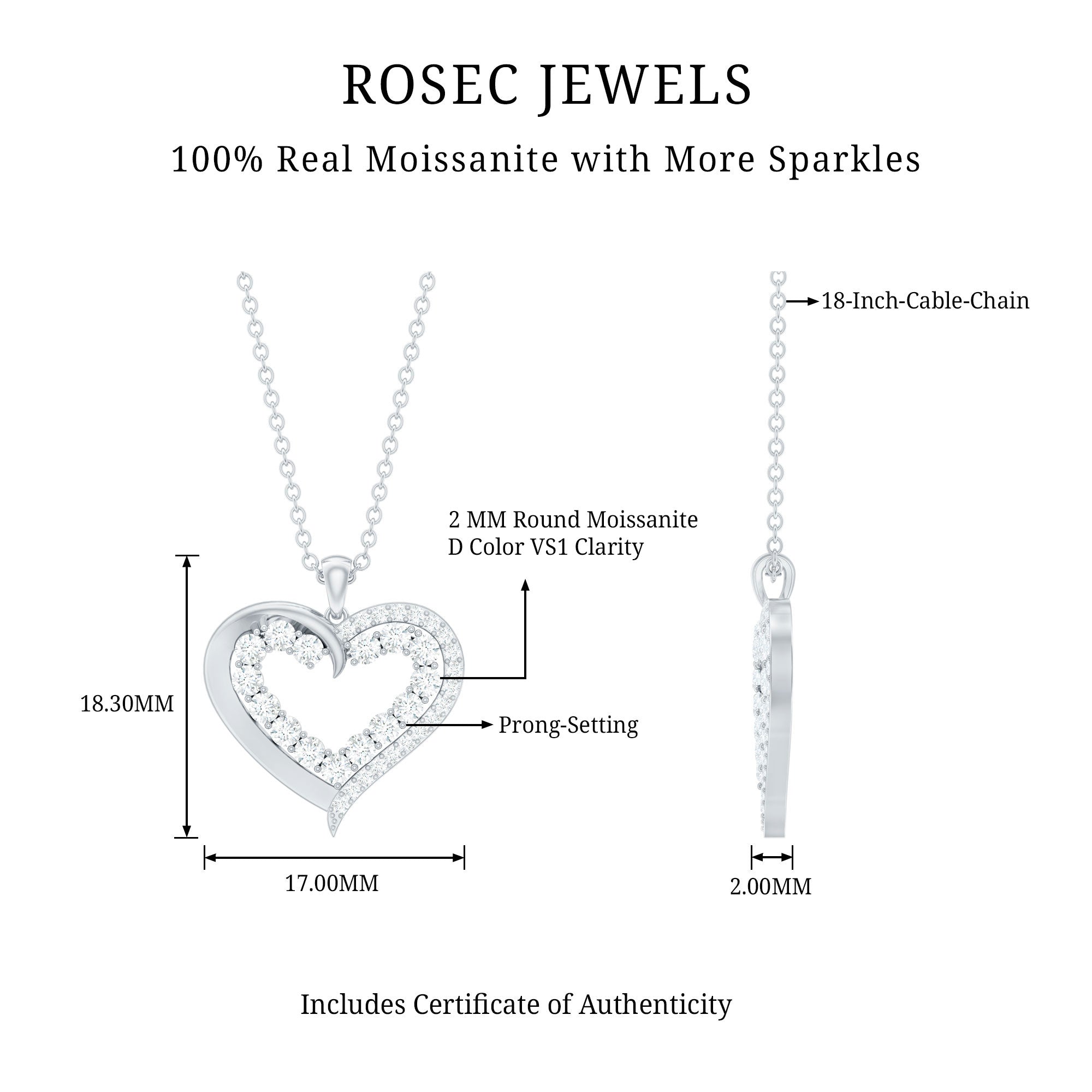 1 Carat Certified Moissanite Open Heart Pendant D-VS1 - Rosec Jewels