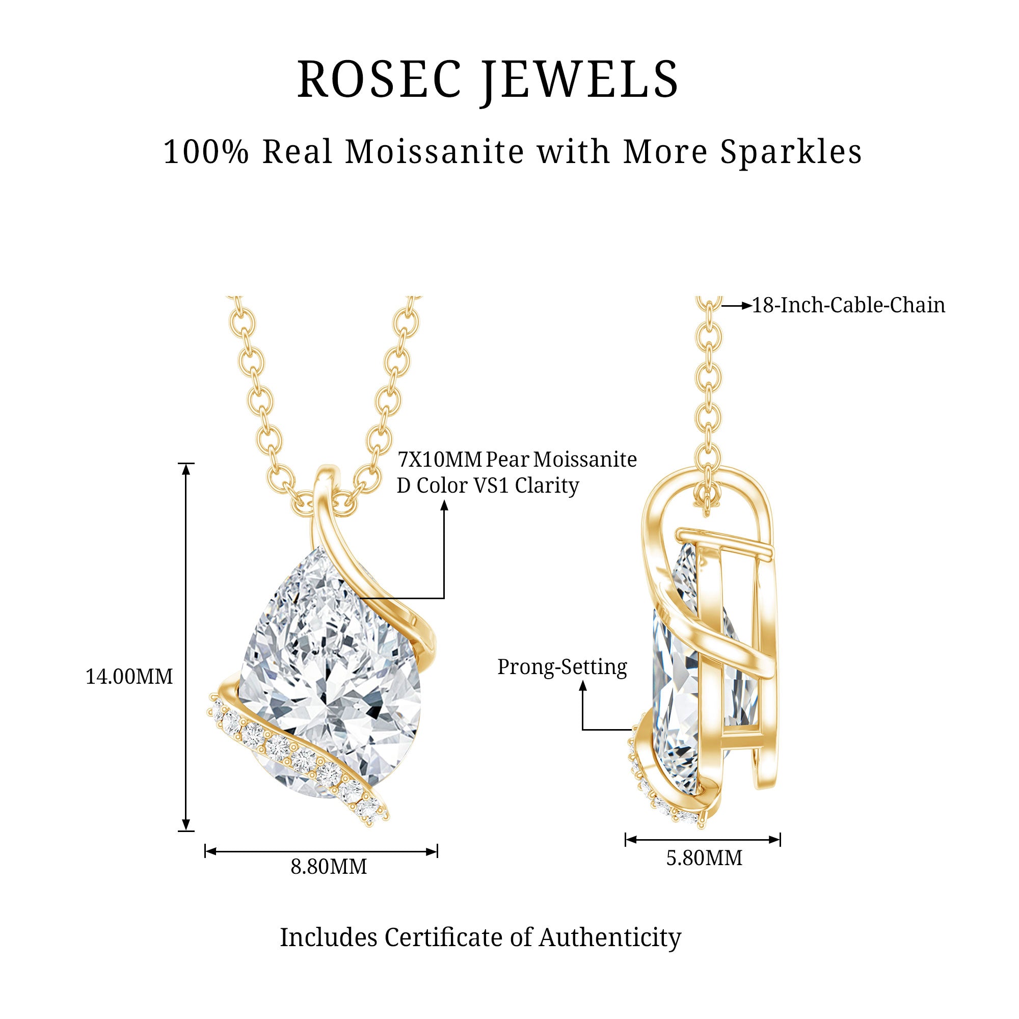 2.2 Carat Certified Moissanite Designer Teardrop Pendant D-VS1 - Rosec Jewels