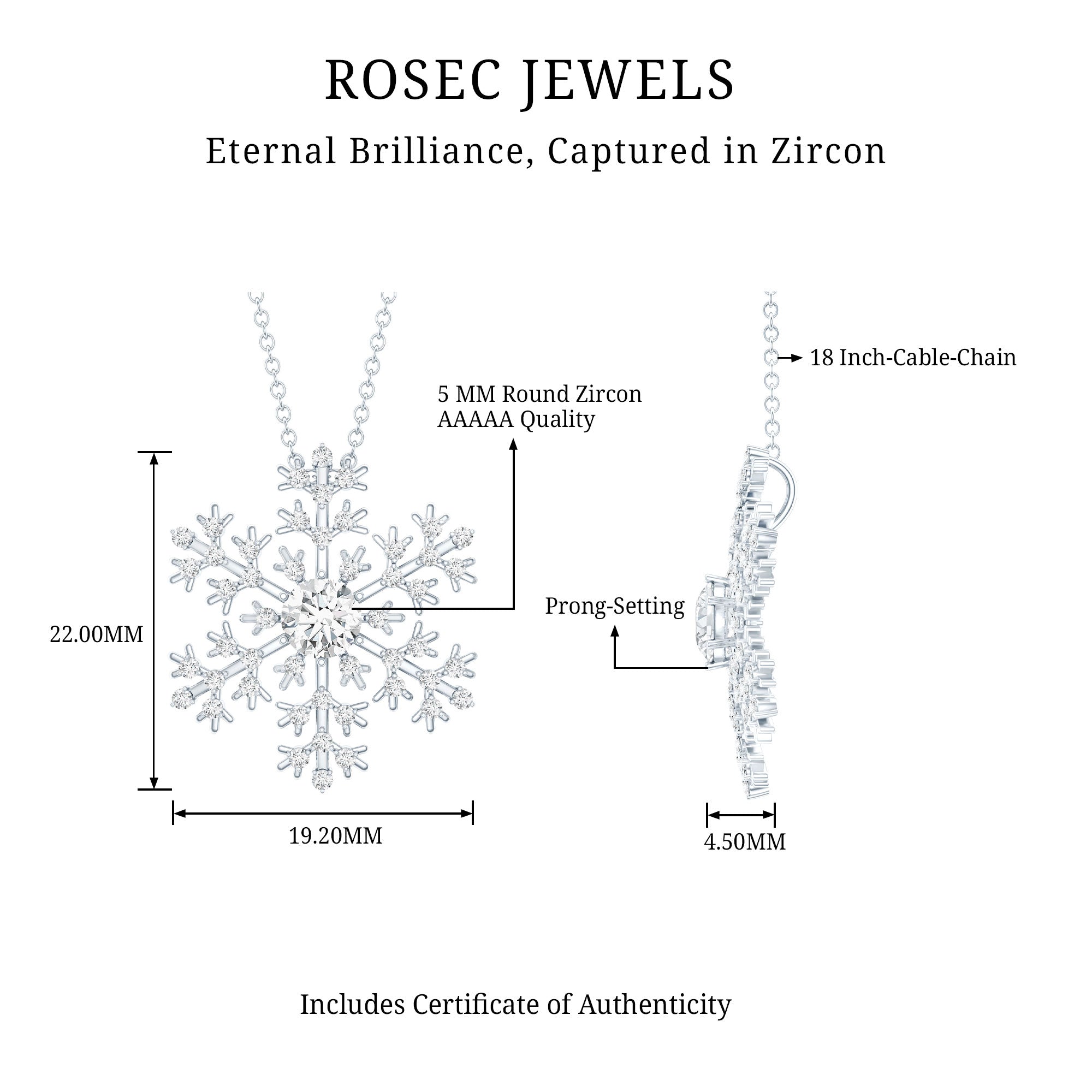 Cubic Zirconia Snowflake Necklace with Silver Chain AAAAA 92.5 Sterling Silver - Rosec Jewels