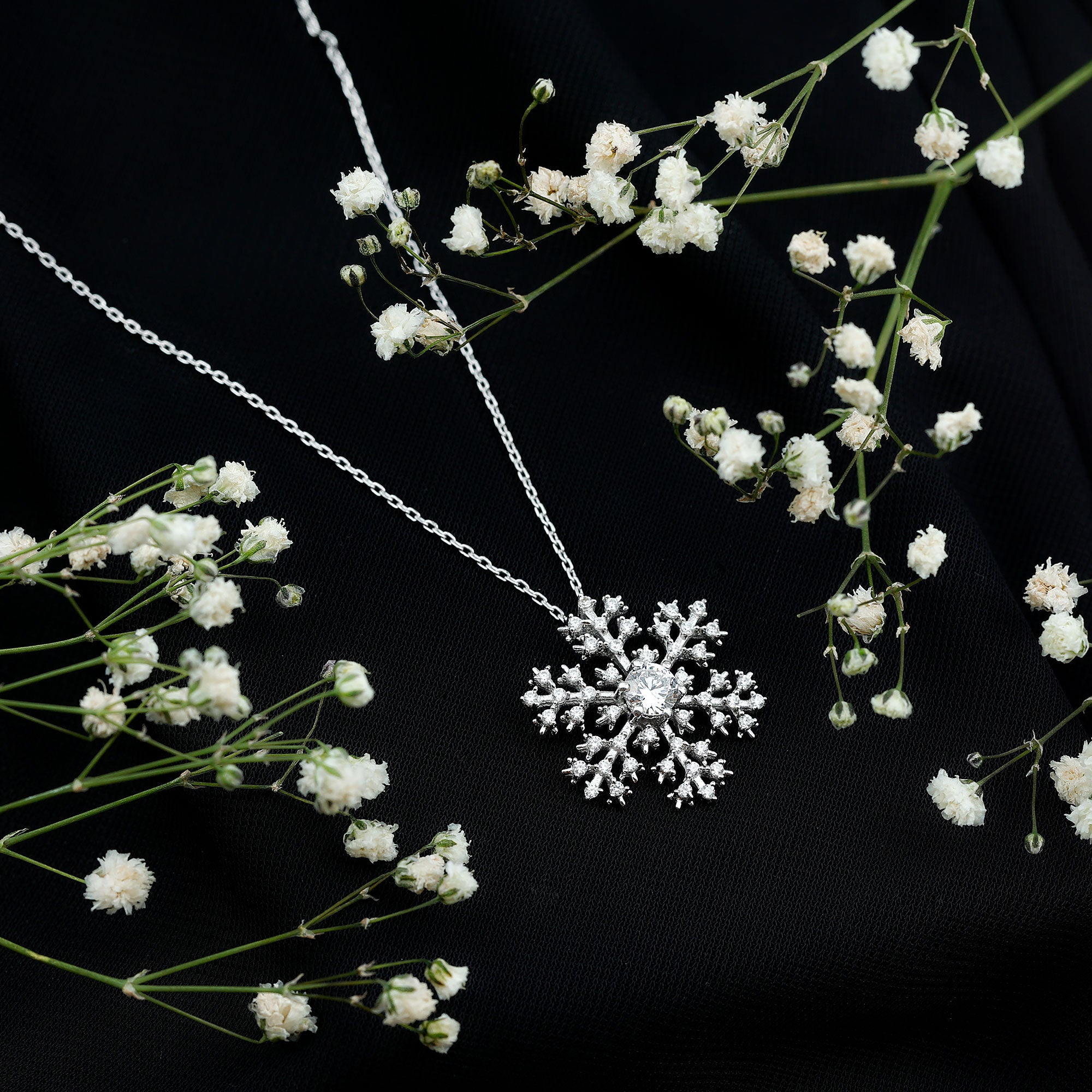 Cubic Zirconia Snowflake Necklace with Silver Chain AAAAA 92.5 Sterling Silver - Rosec Jewels