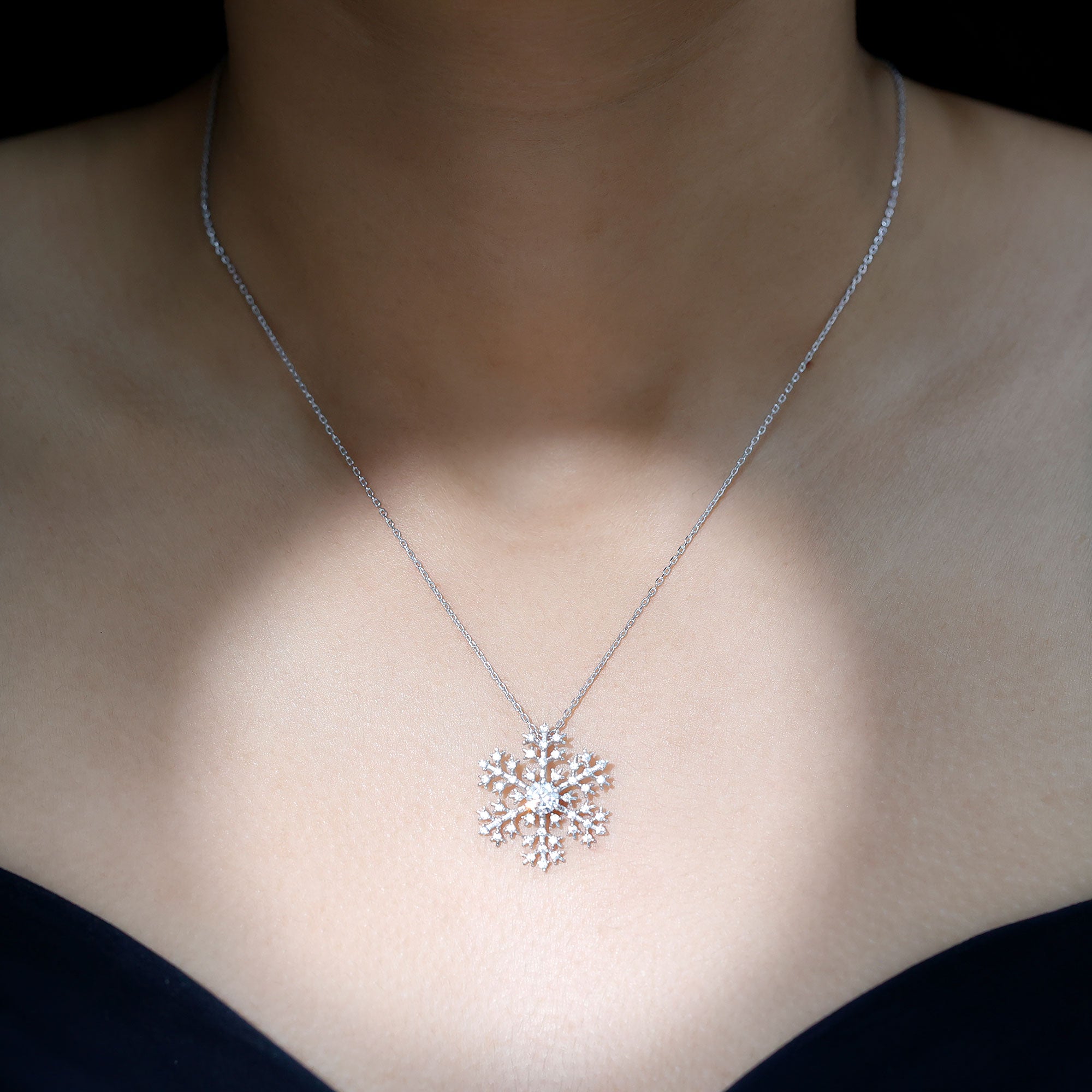 Cubic Zirconia Snowflake Necklace with Silver Chain AAAAA 92.5 Sterling Silver - Rosec Jewels