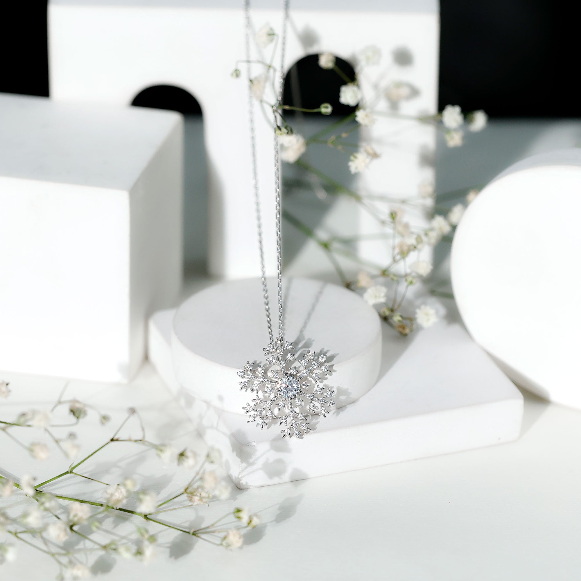 Cubic Zirconia Snowflake Necklace with Silver Chain AAAAA 92.5 Sterling Silver - Rosec Jewels