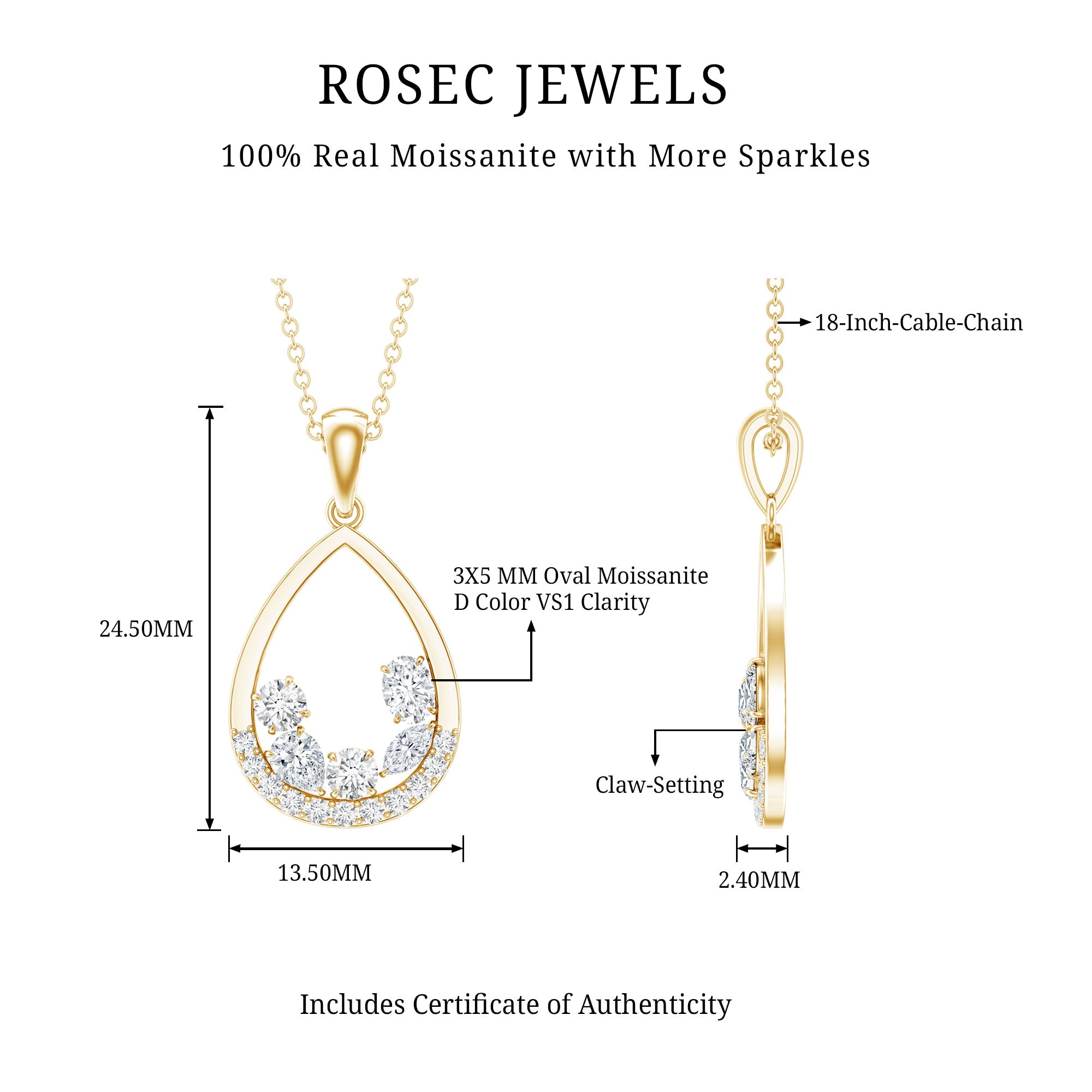 Designer Moissanite Teardrop Pendant Necklace D-VS1 - Rosec Jewels