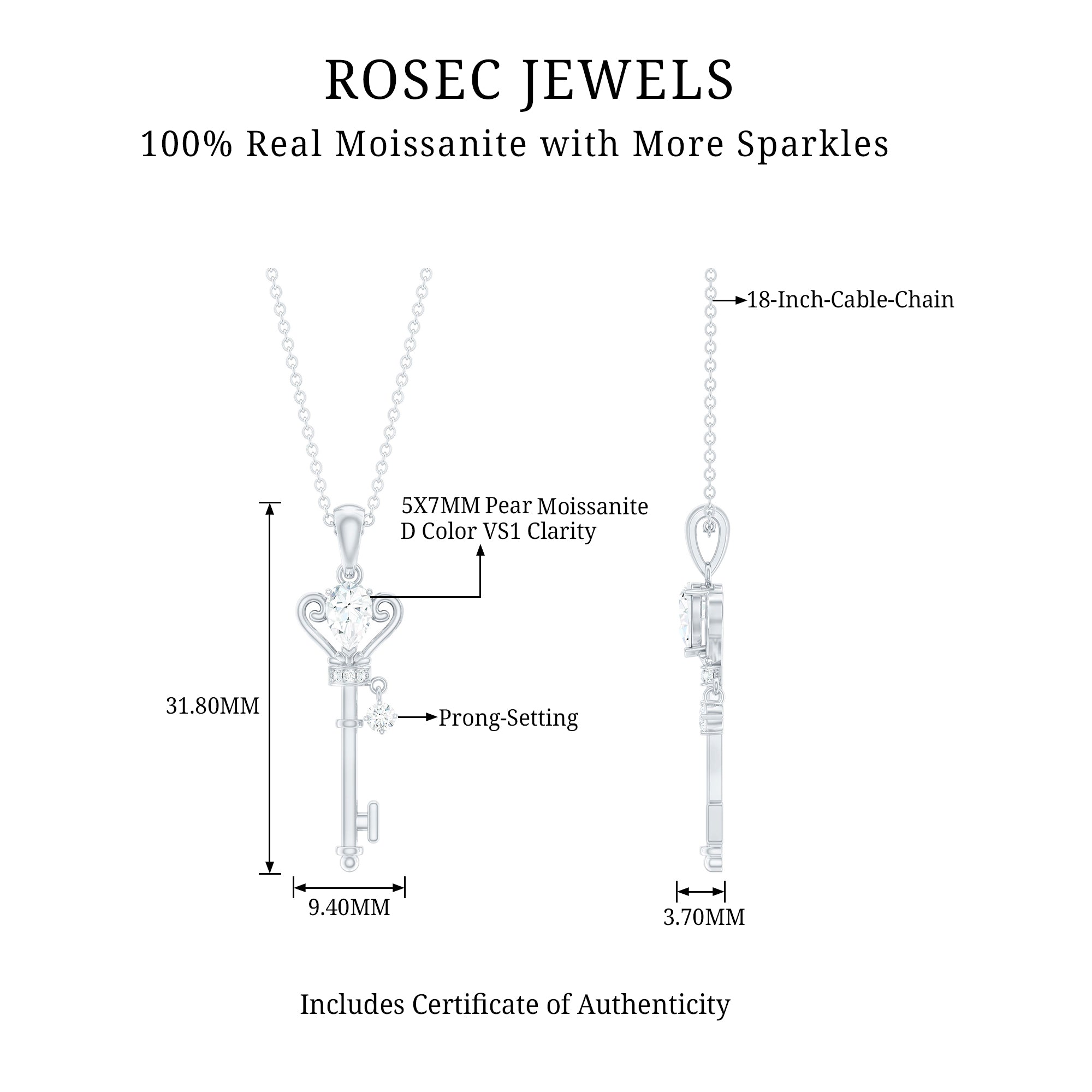 Vintage Moissanite Key Pendant for Women D-VS1 - Rosec Jewels