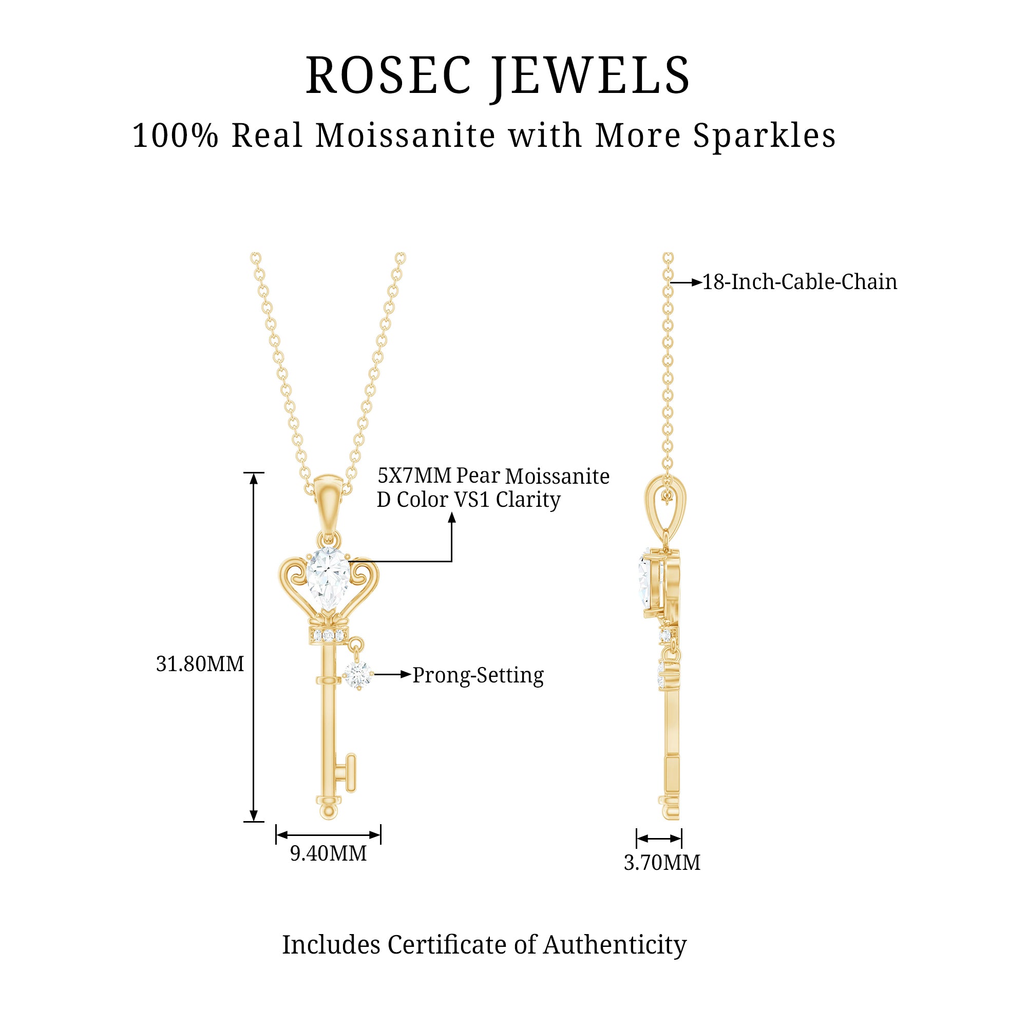 Vintage Moissanite Key Pendant for Women D-VS1 - Rosec Jewels