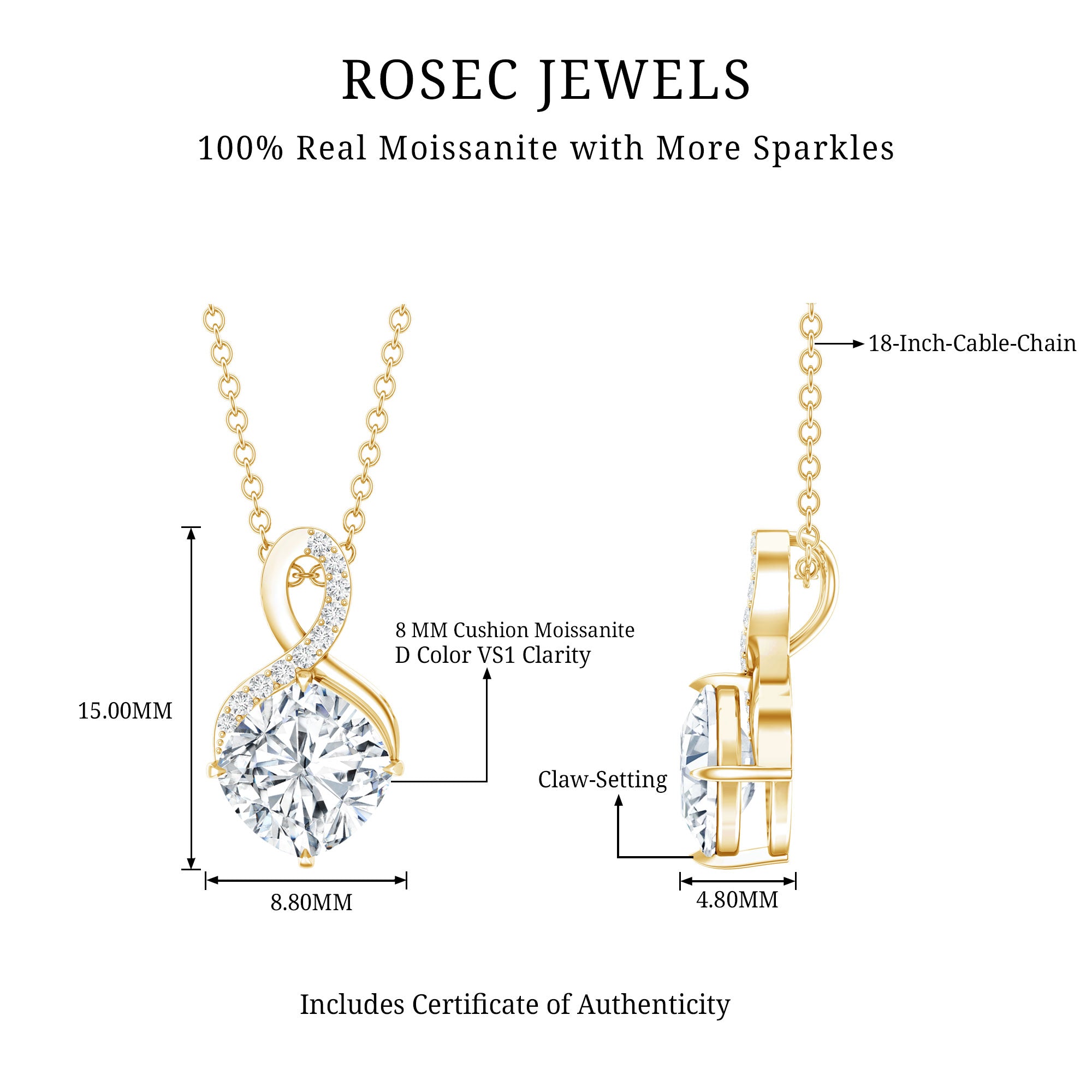 Yellow Gold Plated Silver 3.15 Carat Cushion Cut Moissanite Infinity Necklace D-VS1 14K Yellow Gold Plated Silver - Rosec Jewels