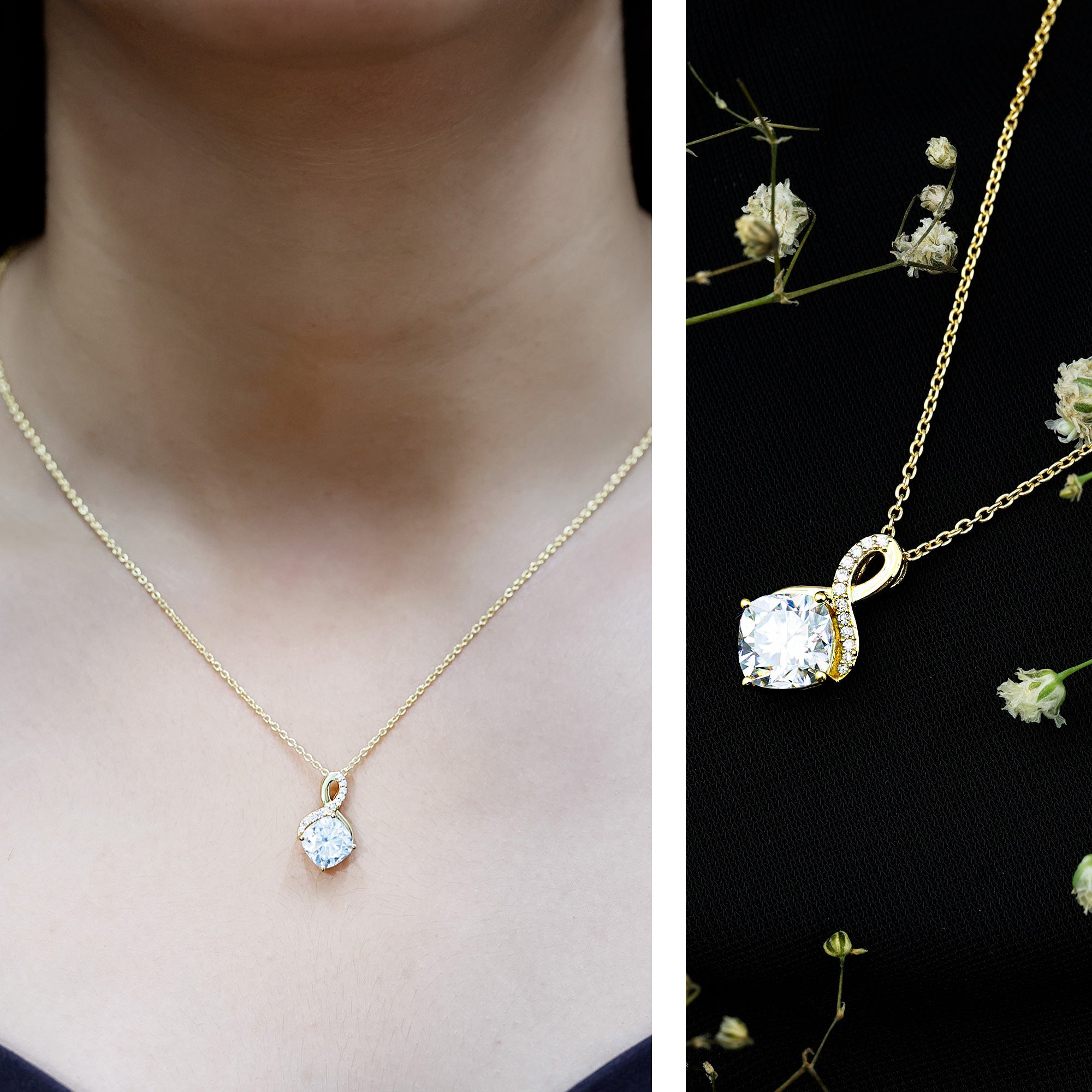Yellow Gold Plated Silver 3.15 Carat Cushion Cut Moissanite Infinity Necklace D-VS1 14K Yellow Gold Plated Silver - Rosec Jewels