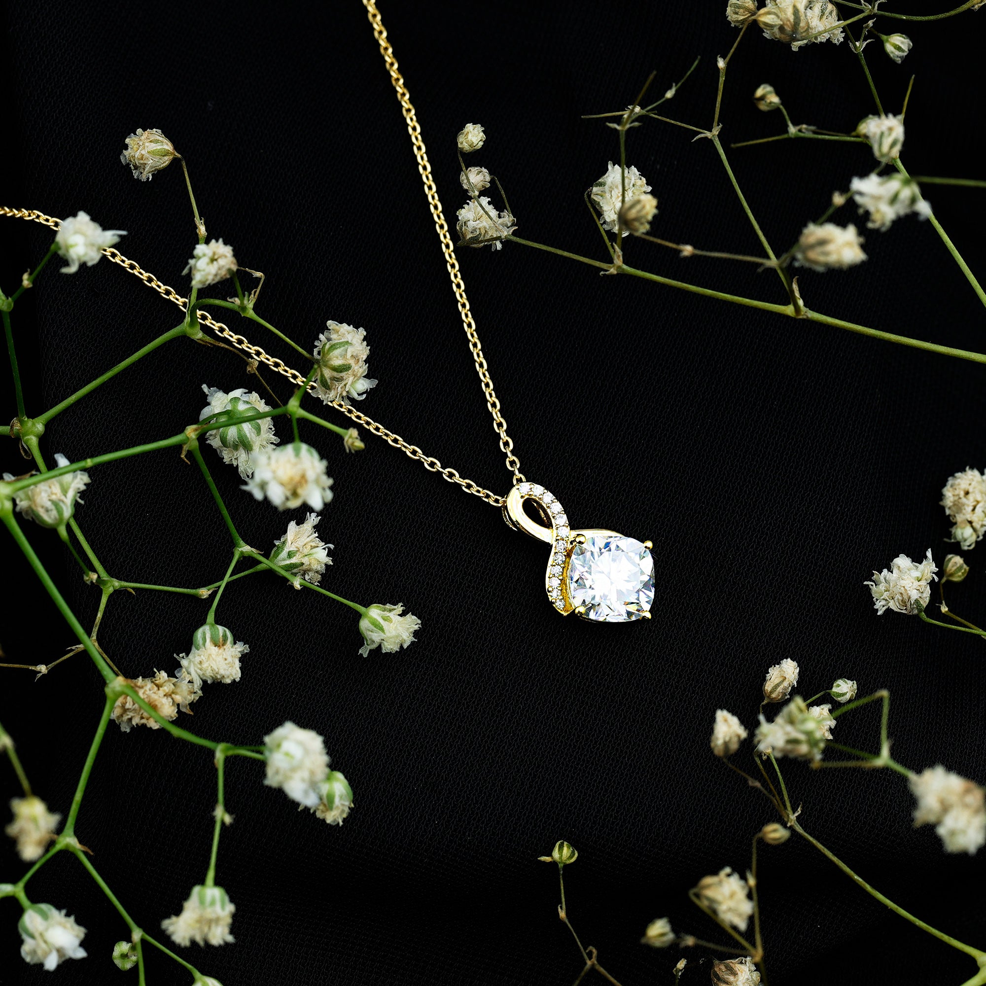 Yellow Gold Plated Silver 3.15 Carat Cushion Cut Moissanite Infinity Necklace D-VS1 14K Yellow Gold Plated Silver - Rosec Jewels
