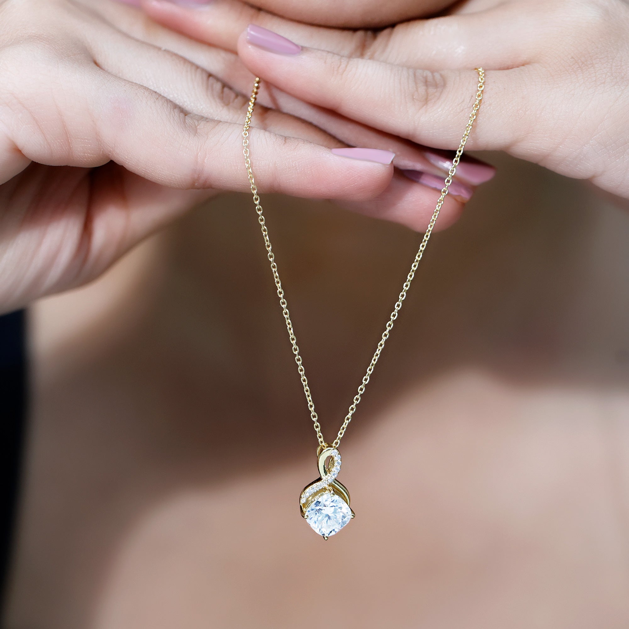 Yellow Gold Plated Silver 3.15 Carat Cushion Cut Moissanite Infinity Necklace D-VS1 14K Yellow Gold Plated Silver - Rosec Jewels