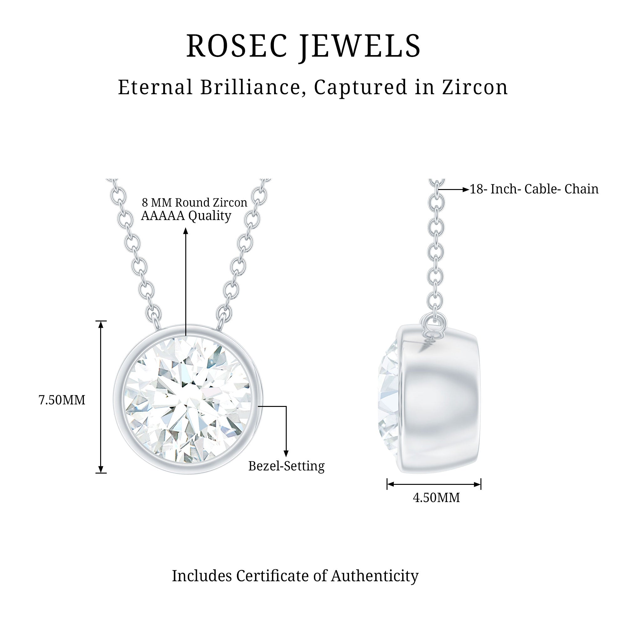 Bezel Set Cubic Zirconia Solitaire Necklace with Silver Chain AAAAA 92.5 Sterling Silver - Rosec Jewels