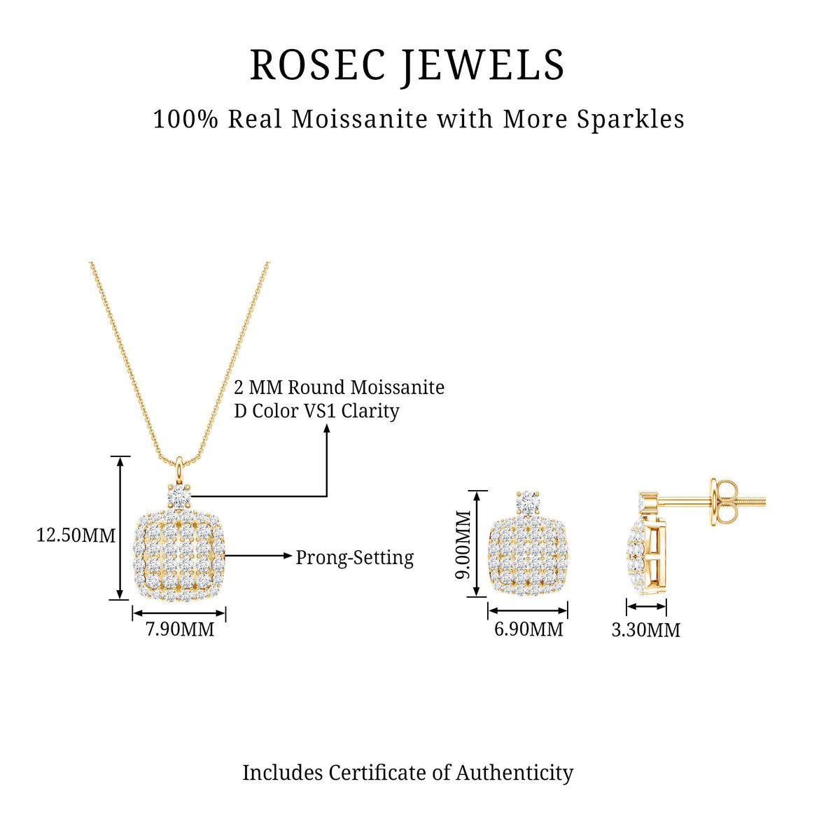 Round Moissanite Matching Necklace and Earrings Set D-VS1 - Rosec Jewels