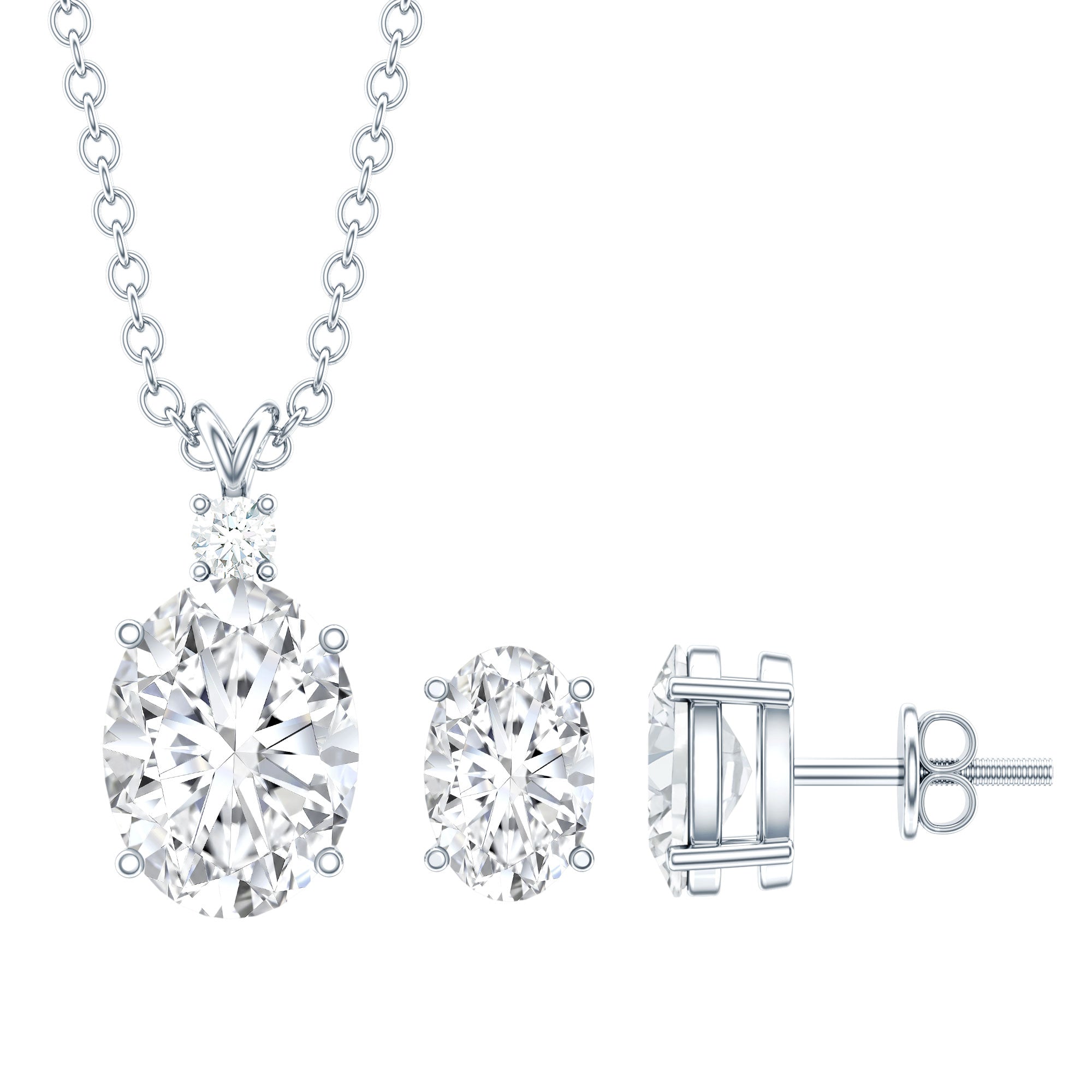 Oval Cut Cubic Zirconia Solitaire Necklace and Earrings in Silver AAAAA 92.5 Sterling Silver - Rosec Jewels