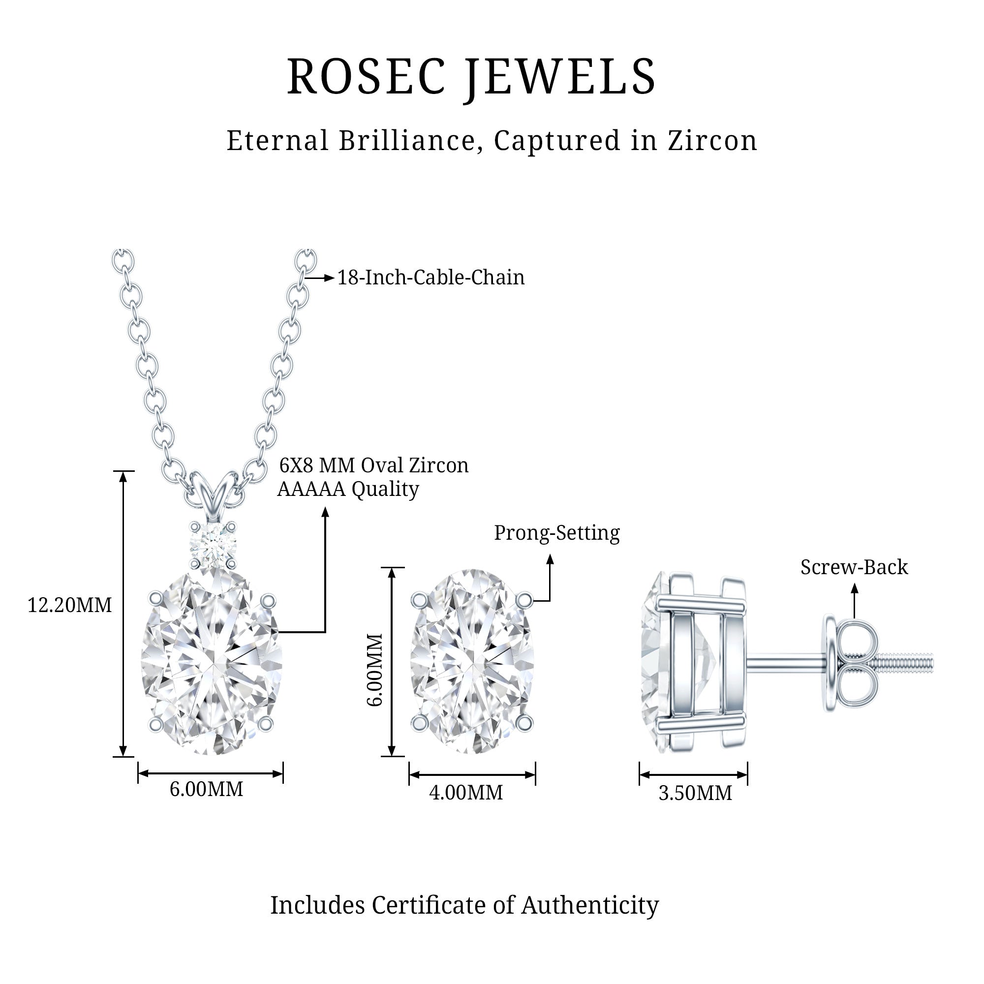 Oval Cut Cubic Zirconia Solitaire Necklace and Earrings in Silver AAAAA 92.5 Sterling Silver - Rosec Jewels