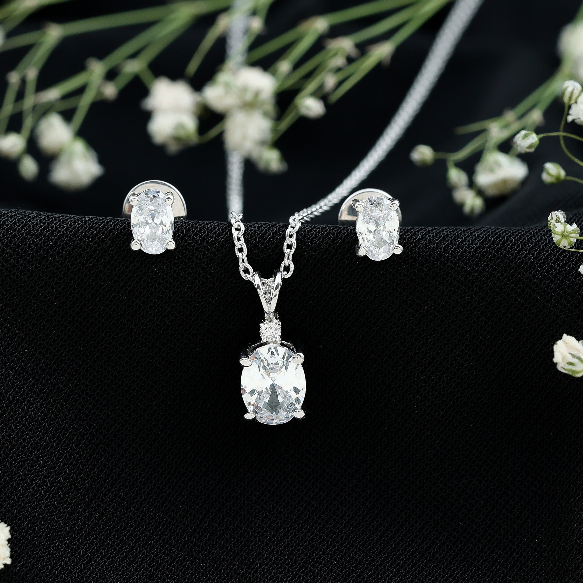Oval Cut Cubic Zirconia Solitaire Necklace and Earrings in Silver AAAAA 92.5 Sterling Silver - Rosec Jewels