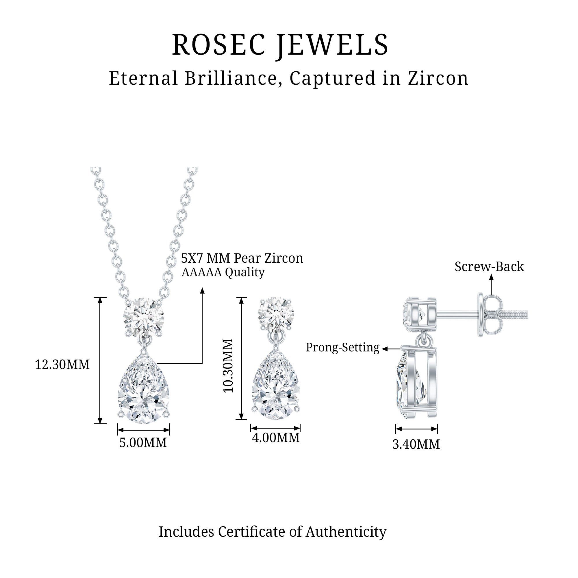 Certified 3 Carat Cubic Zirconia Drop Necklace and Earrings Set AAAAA 92.5 Sterling Silver - Rosec Jewels
