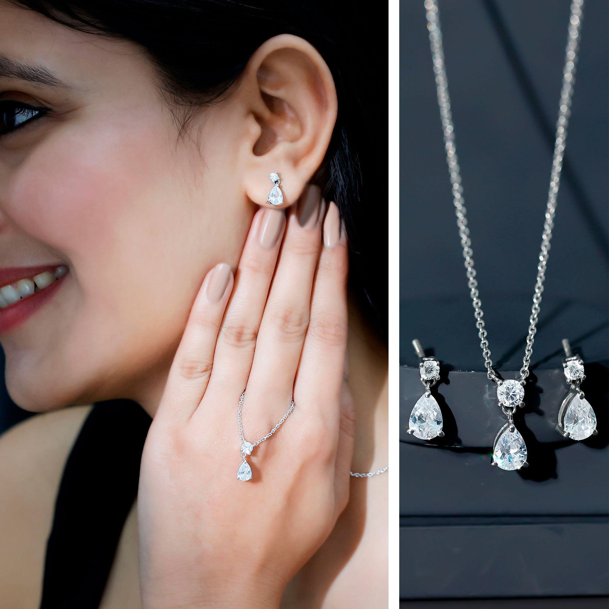 Certified 3 Carat Cubic Zirconia Drop Necklace and Earrings Set AAAAA 92.5 Sterling Silver - Rosec Jewels