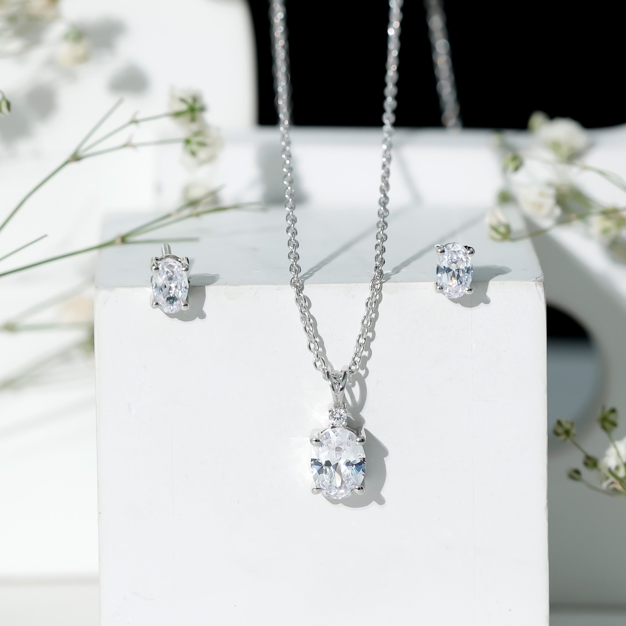 Certified 3 Carat Cubic Zirconia Drop Necklace and Earrings Set AAAAA 92.5 Sterling Silver - Rosec Jewels