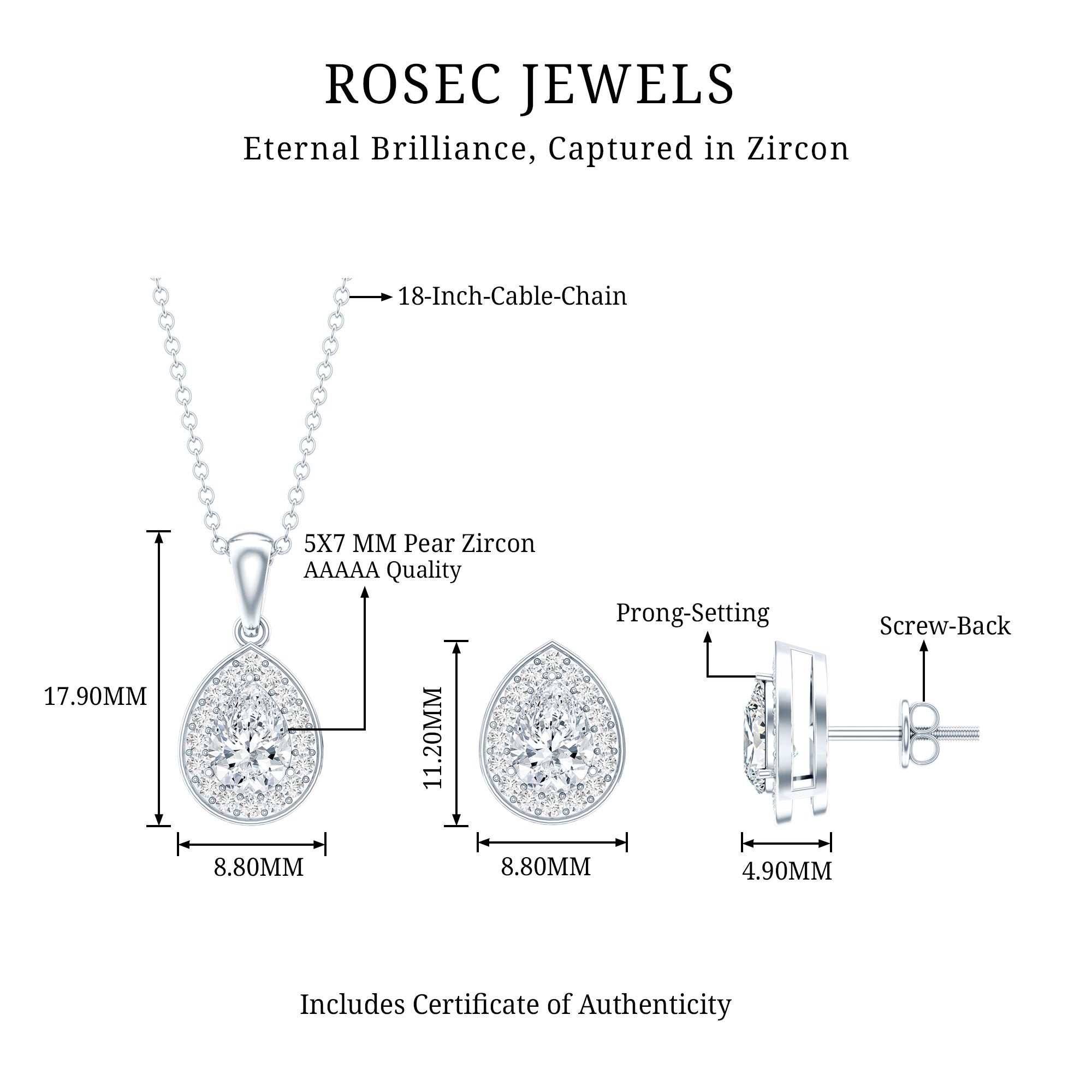 Certified CZ Diamond Teardrop Necklace and Earrings Set for Women AAAAA 92.5 Sterling Silver - Rosec Jewels