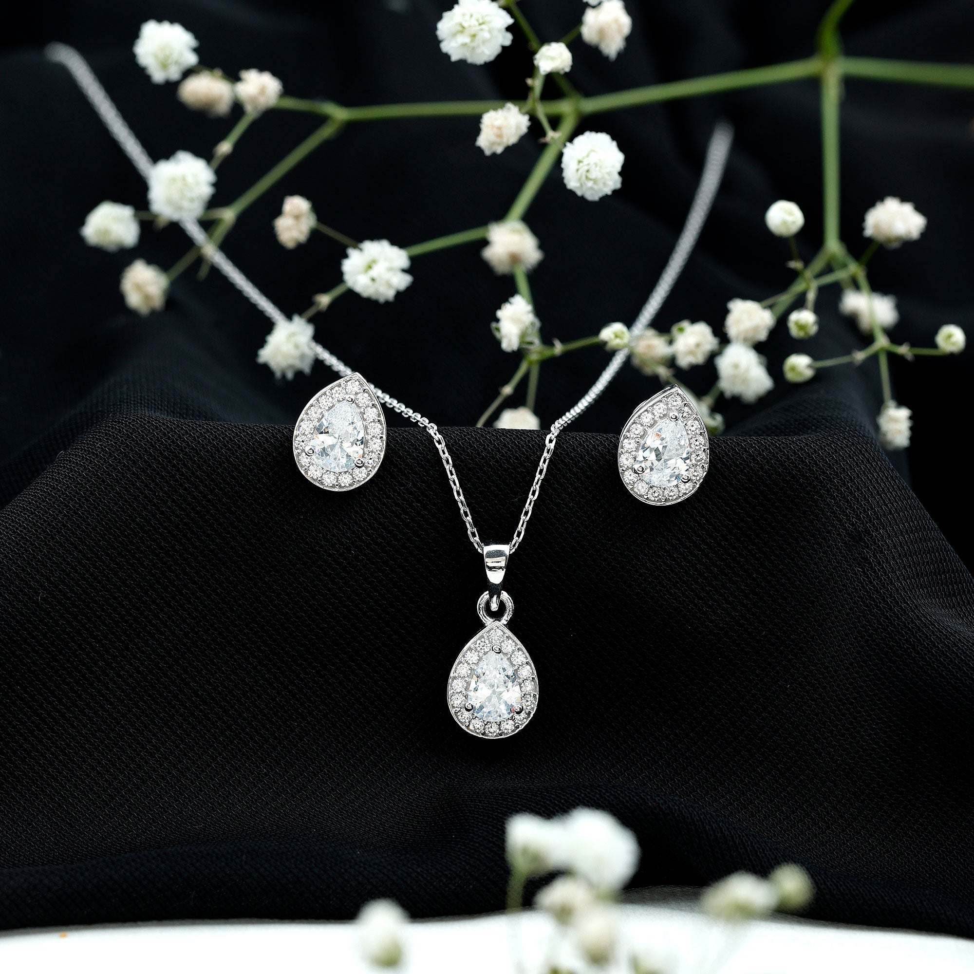 Certified CZ Diamond Teardrop Necklace and Earrings Set for Women AAAAA 92.5 Sterling Silver - Rosec Jewels
