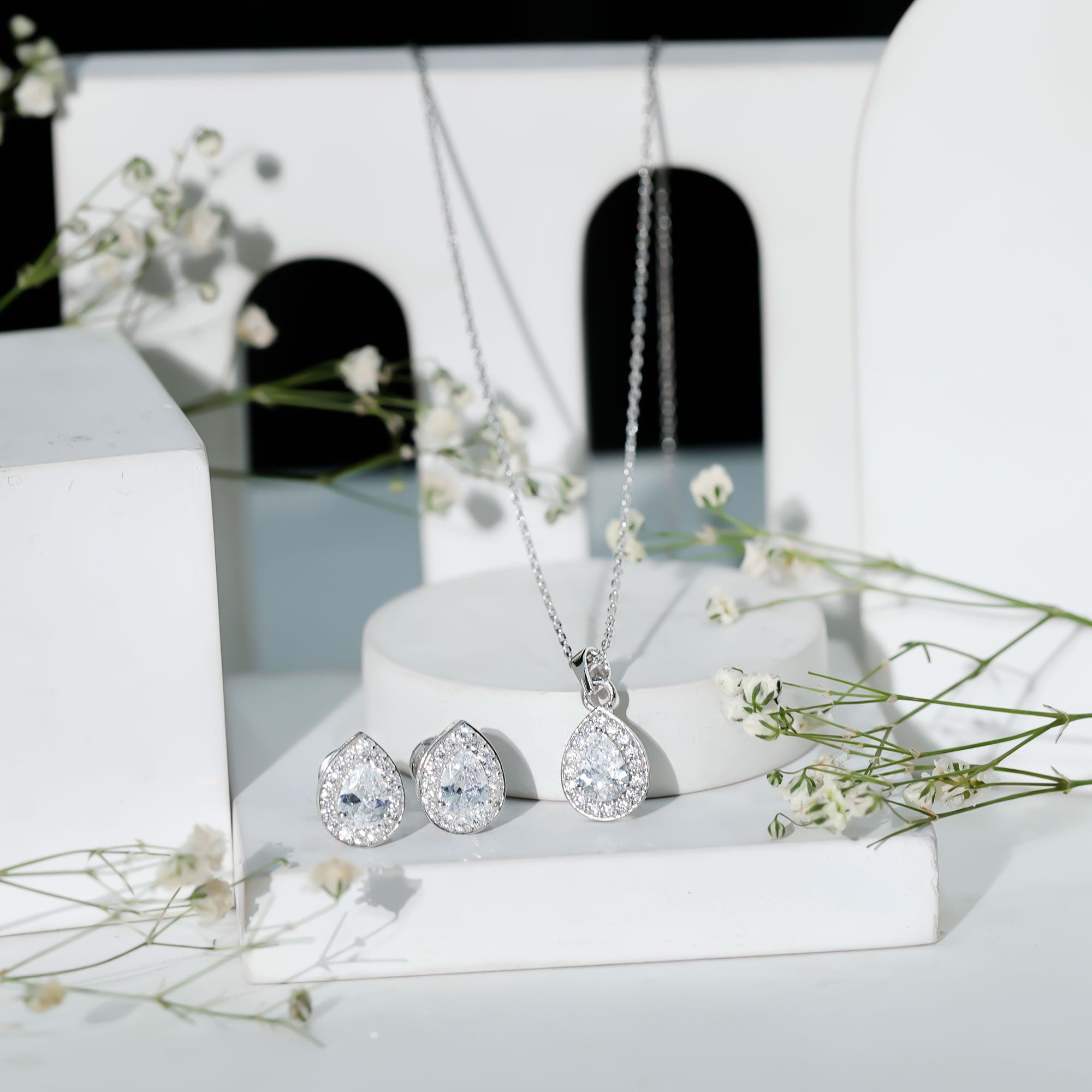 Certified CZ Diamond Teardrop Necklace and Earrings Set for Women AAAAA 92.5 Sterling Silver - Rosec Jewels