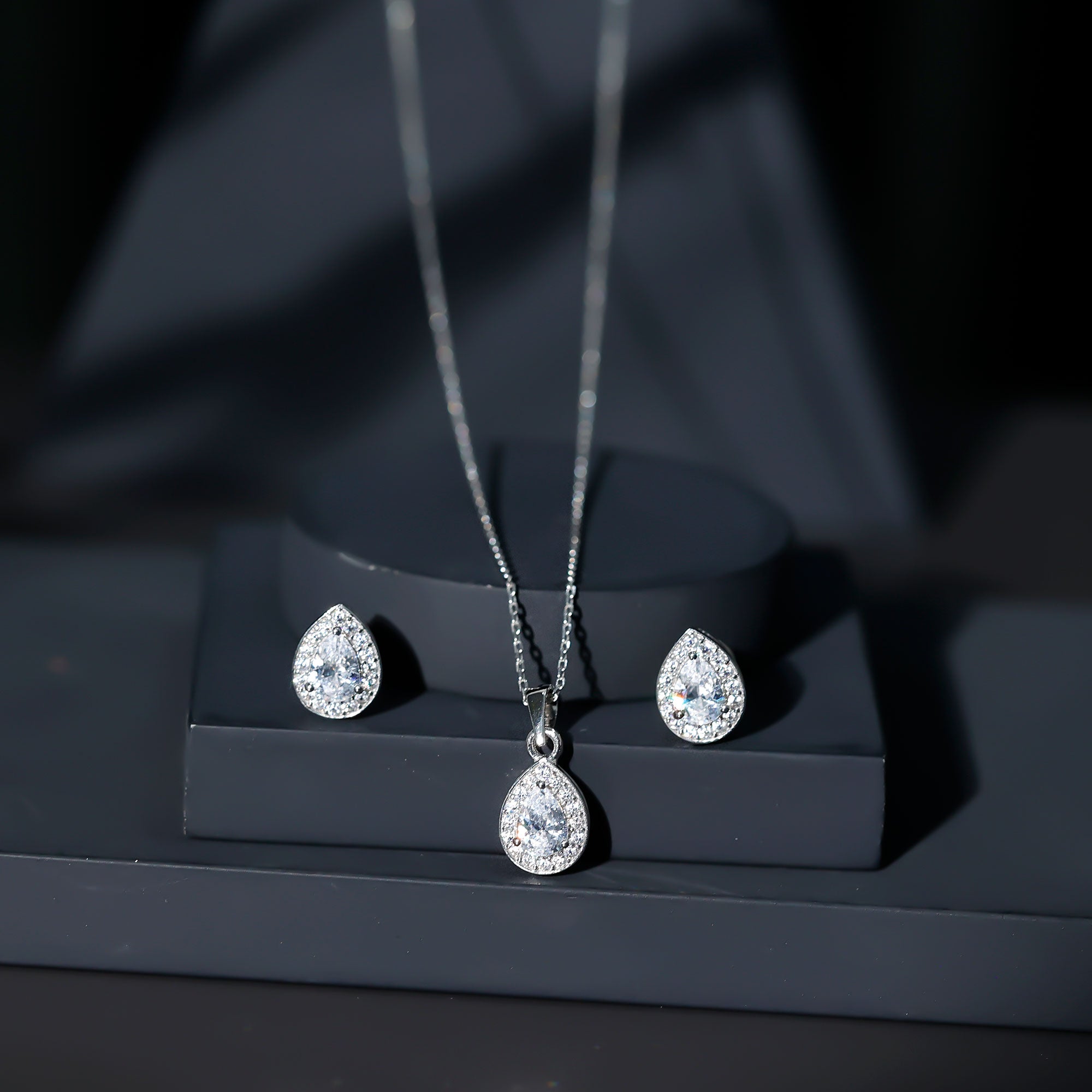 Certified CZ Diamond Teardrop Necklace and Earrings Set for Women AAAAA 92.5 Sterling Silver - Rosec Jewels