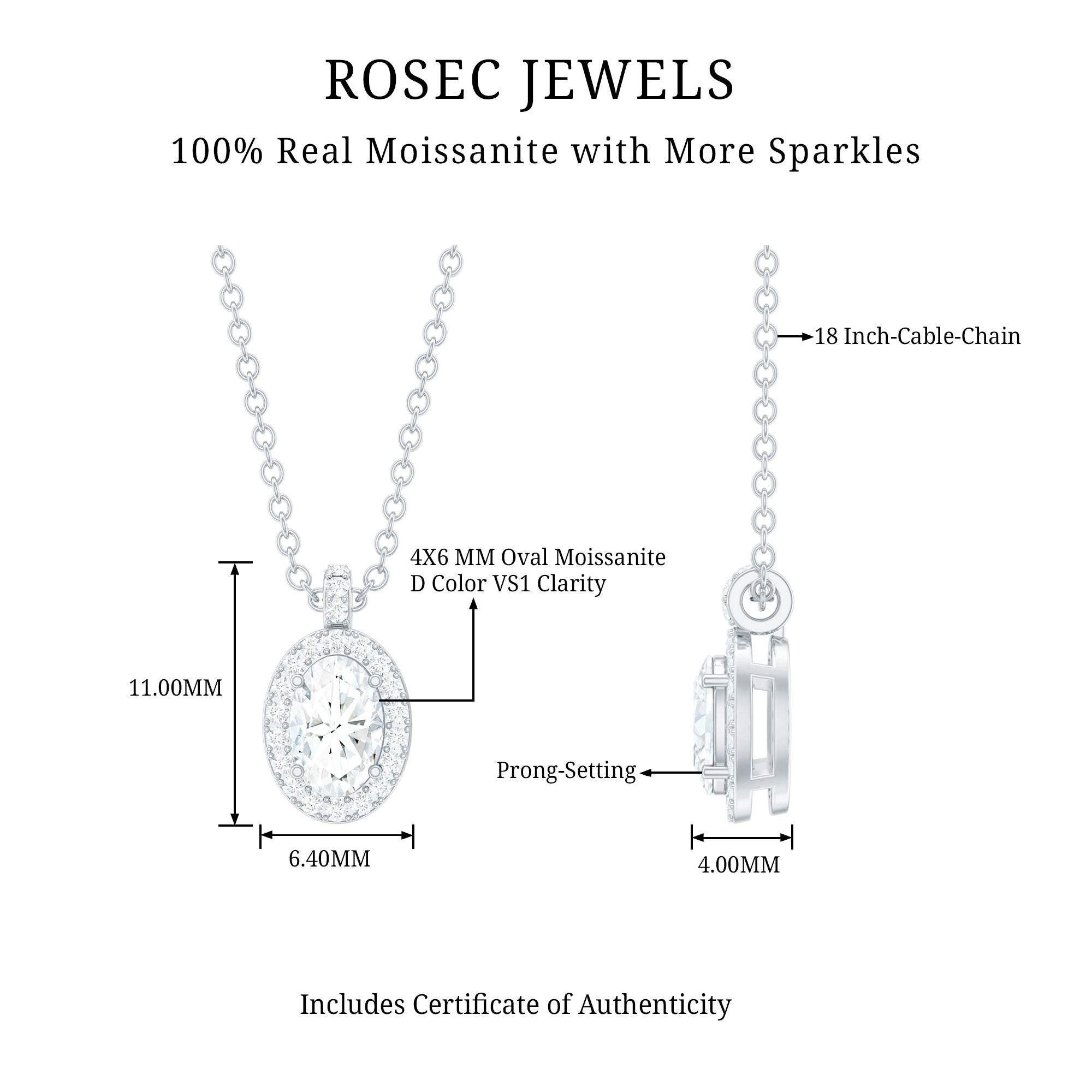 4X6 MM Oval Moissanite Bridal Pendant Necklace D-VS1 - Rosec Jewels