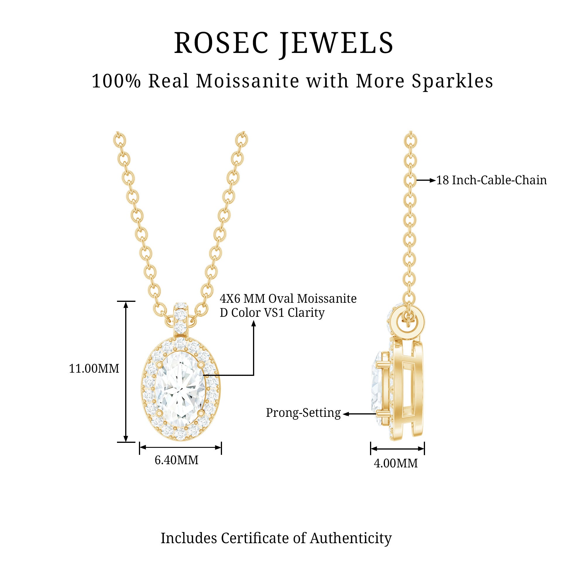 4X6 MM Oval Moissanite Bridal Pendant Necklace D-VS1 - Rosec Jewels