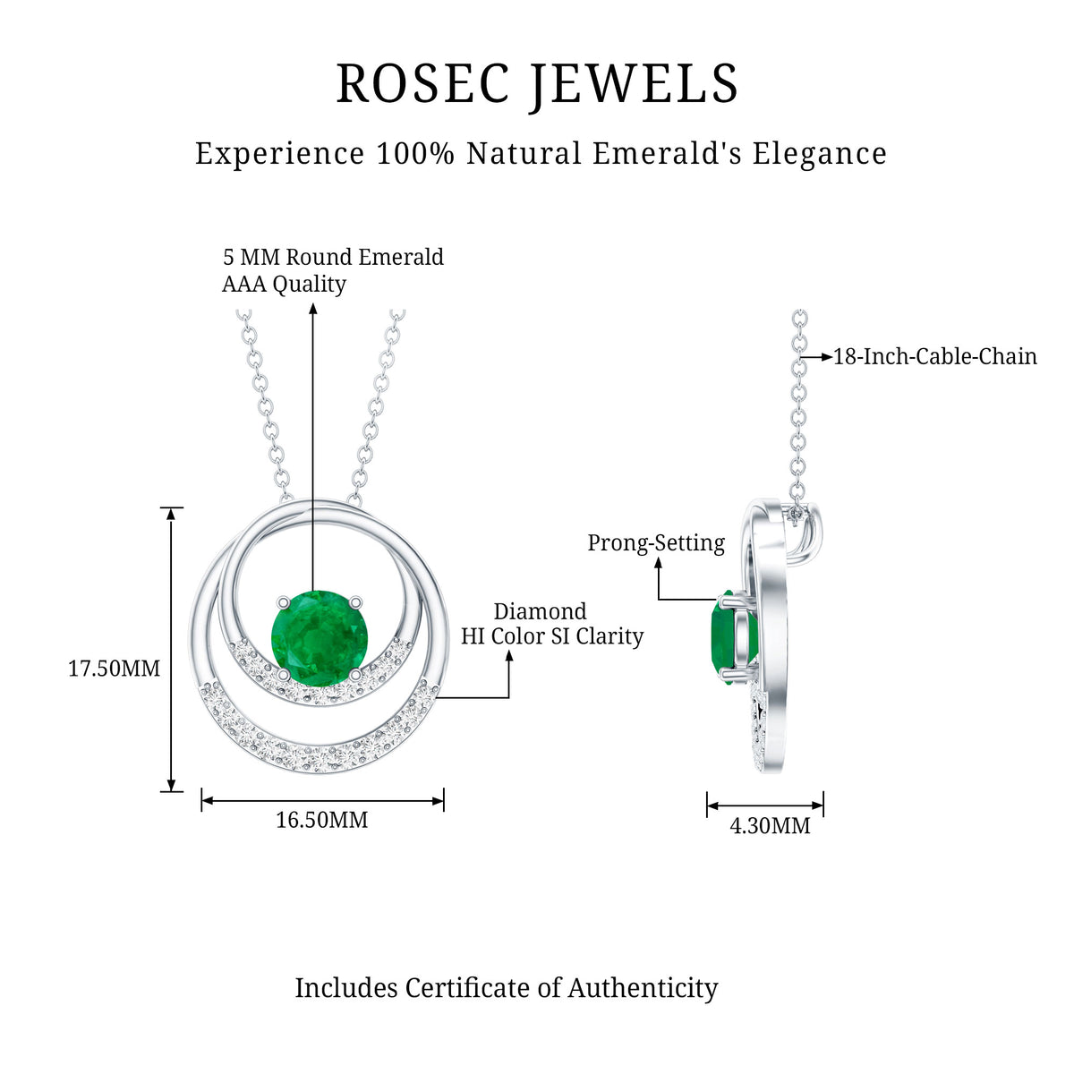 Natural Half Carat Emerald Double Circle Necklace with Diamond AAA - Rosec Jewels