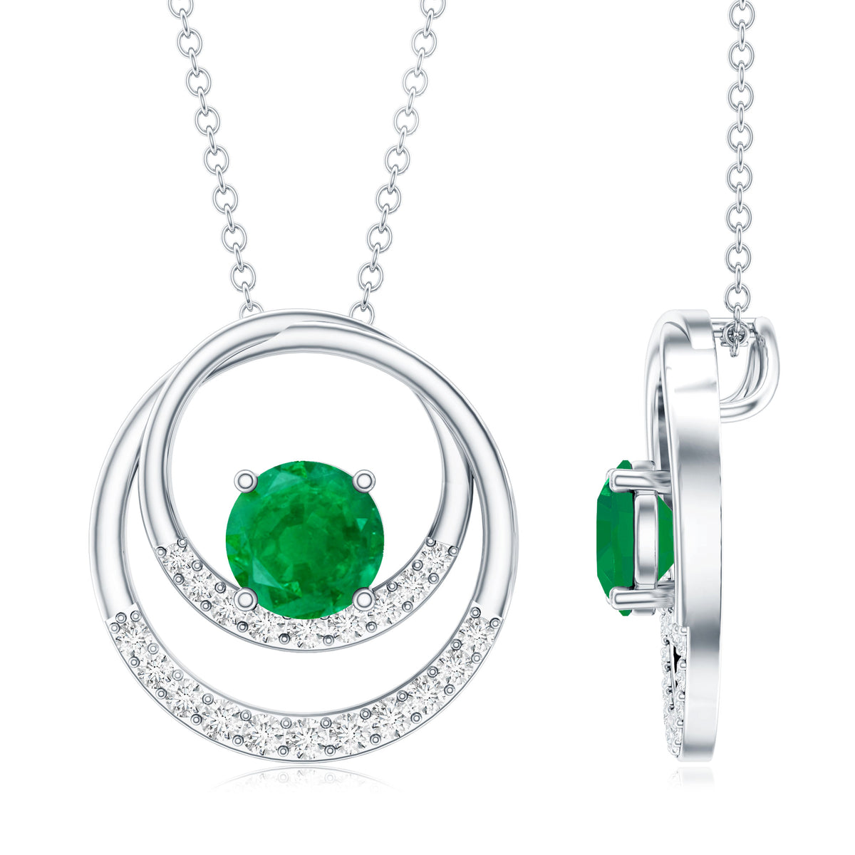 Natural Half Carat Emerald Double Circle Necklace with Diamond AAA - Rosec Jewels