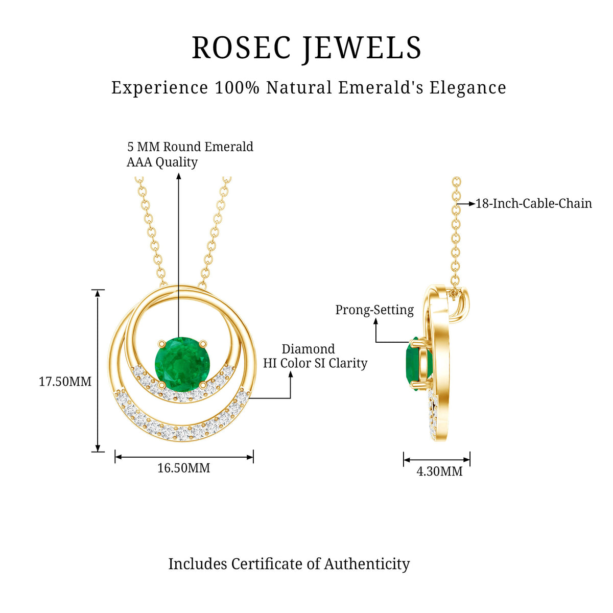 Natural Half Carat Emerald Double Circle Necklace with Diamond AAA - Rosec Jewels