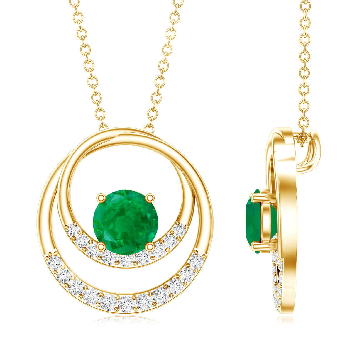 Natural Half Carat Emerald Double Circle Necklace with Diamond AAA - Rosec Jewels