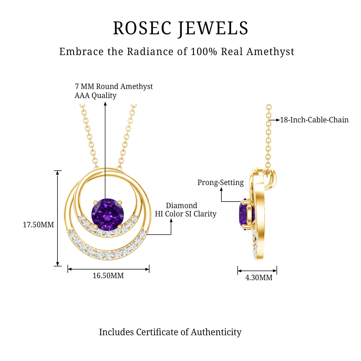Natural 1.2 Carat Amethyst Eternity Necklace with Diamond AAA - Rosec Jewels