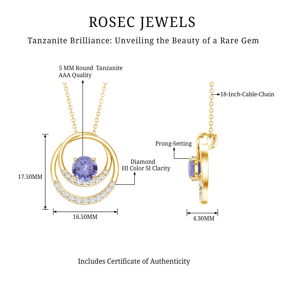 Real Tanzanite and Diamond Open Circle Pendant AAA - Rosec Jewels