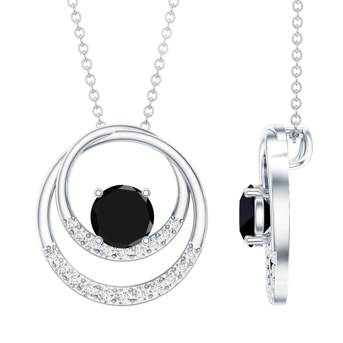 Natural 2.6 Carat Black Spinel Double Circle Necklace with Diamond AAA - Rosec Jewels