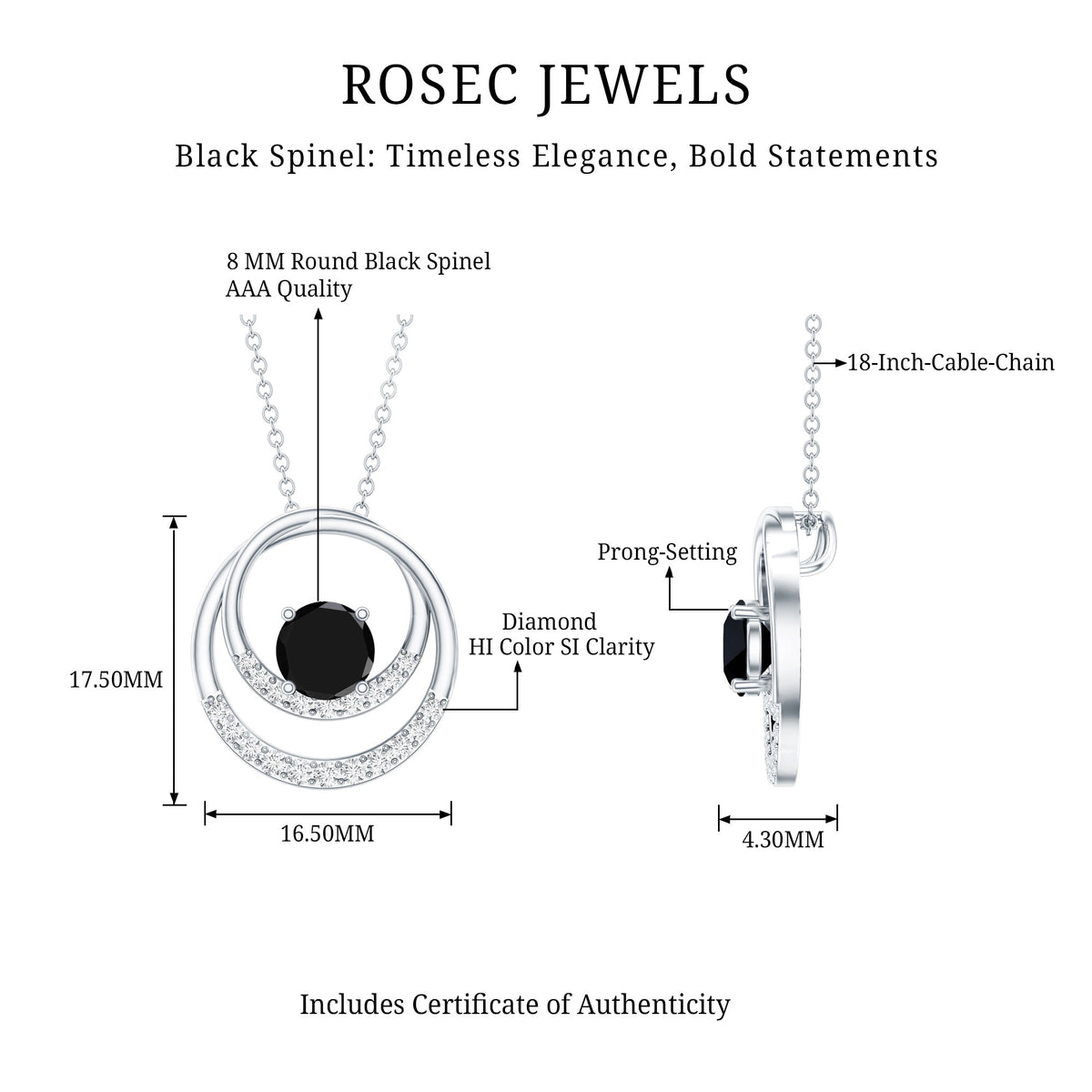 Natural 2.6 Carat Black Spinel Double Circle Necklace with Diamond AAA - Rosec Jewels