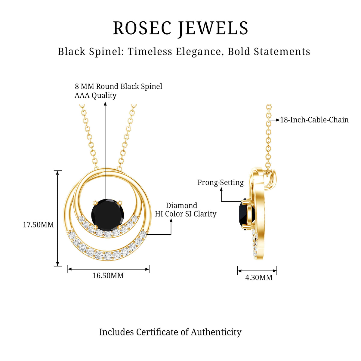 Natural 2.6 Carat Black Spinel Double Circle Necklace with Diamond AAA - Rosec Jewels