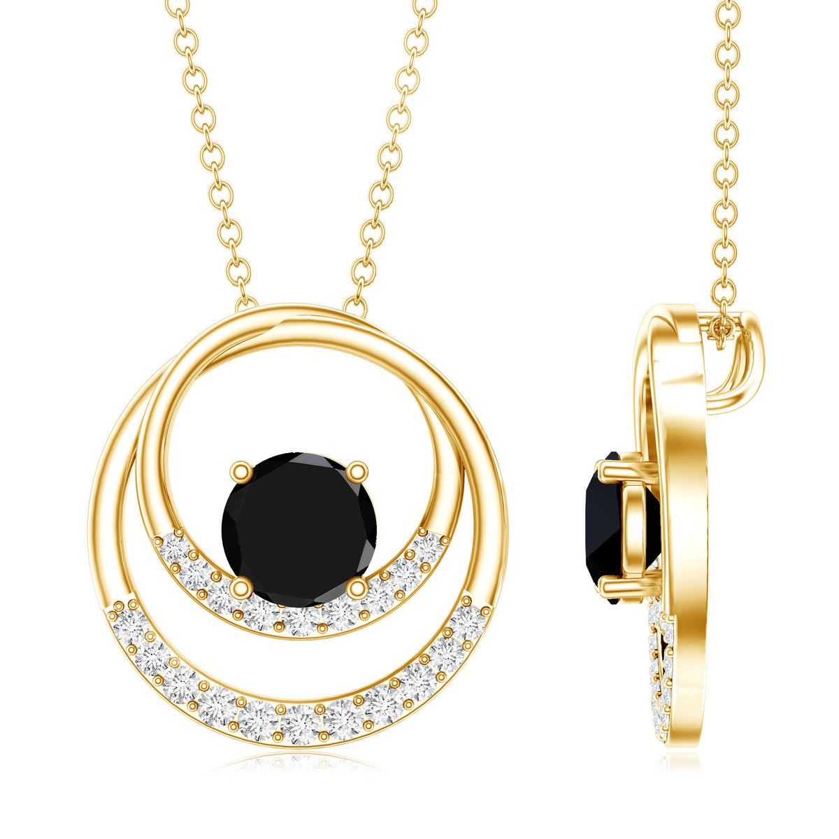 Natural 2.6 Carat Black Spinel Double Circle Necklace with Diamond AAA - Rosec Jewels