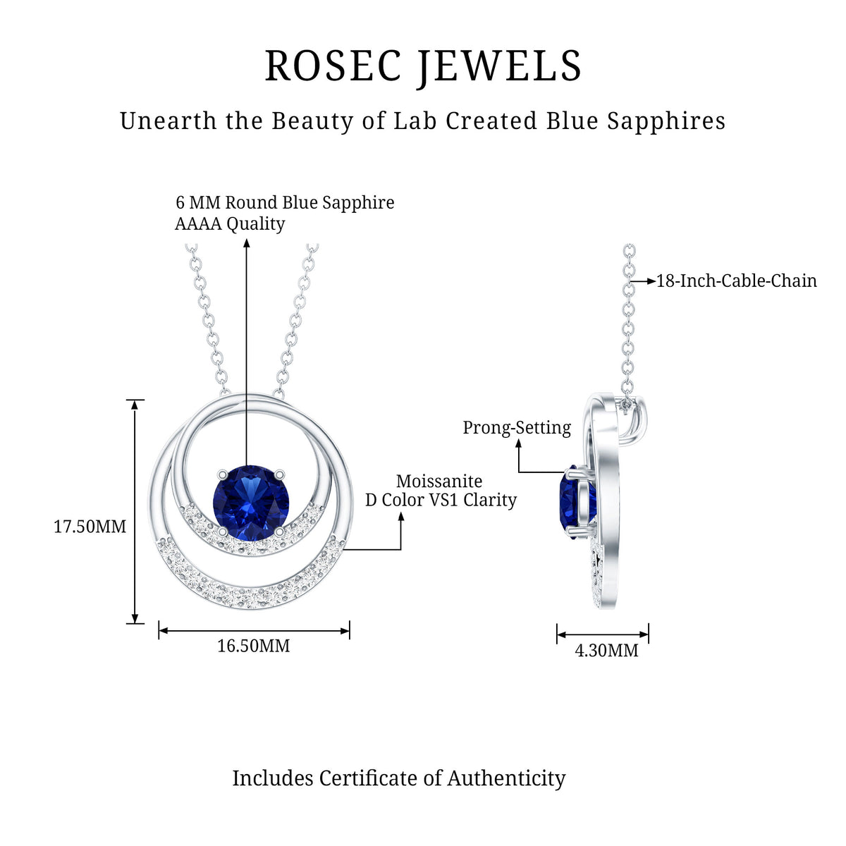 Lab Grown Blue Sapphire and Moissanite Promise Necklace AAAA - Rosec Jewels