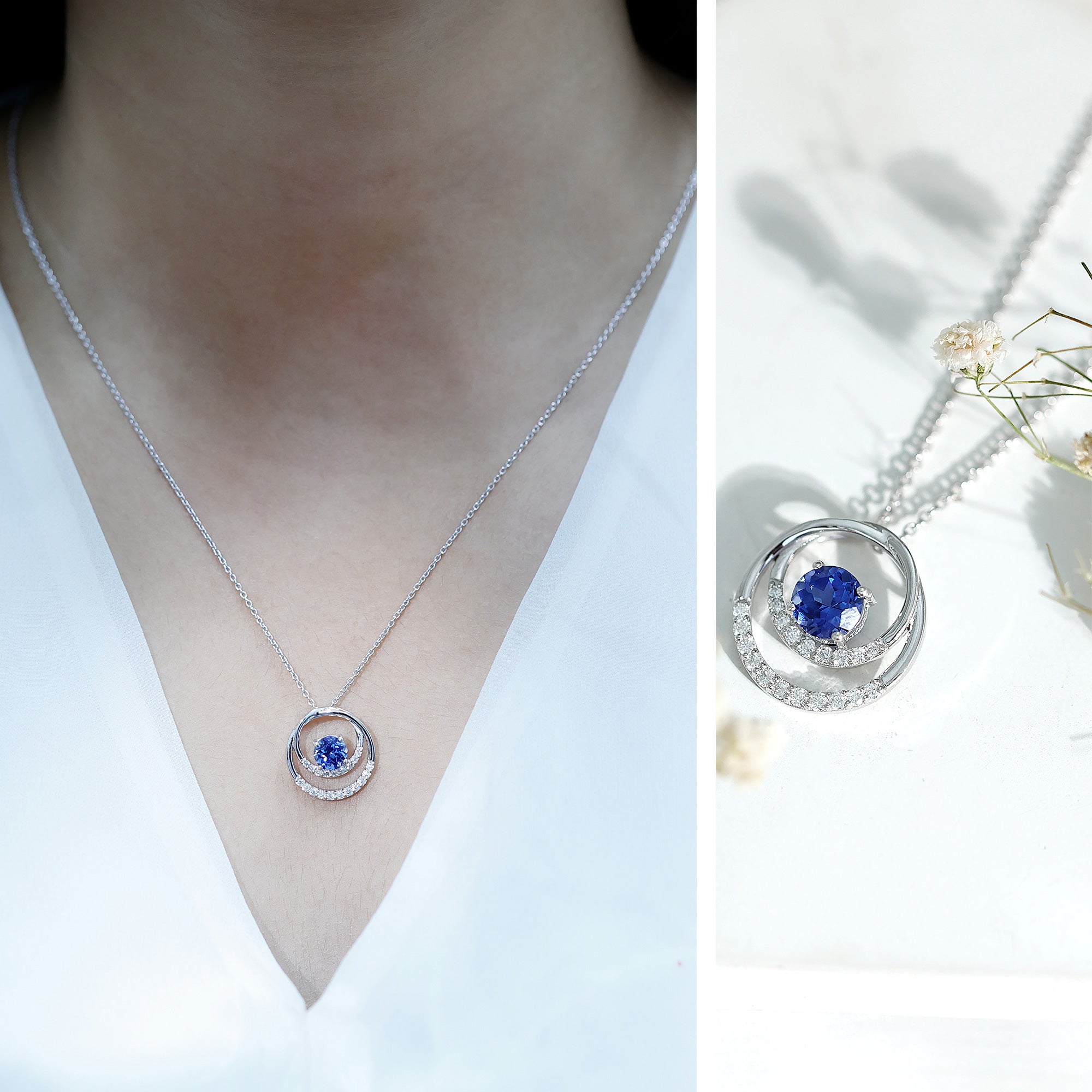 Lab Grown Blue Sapphire and Moissanite Promise Necklace AAAA - Rosec Jewels