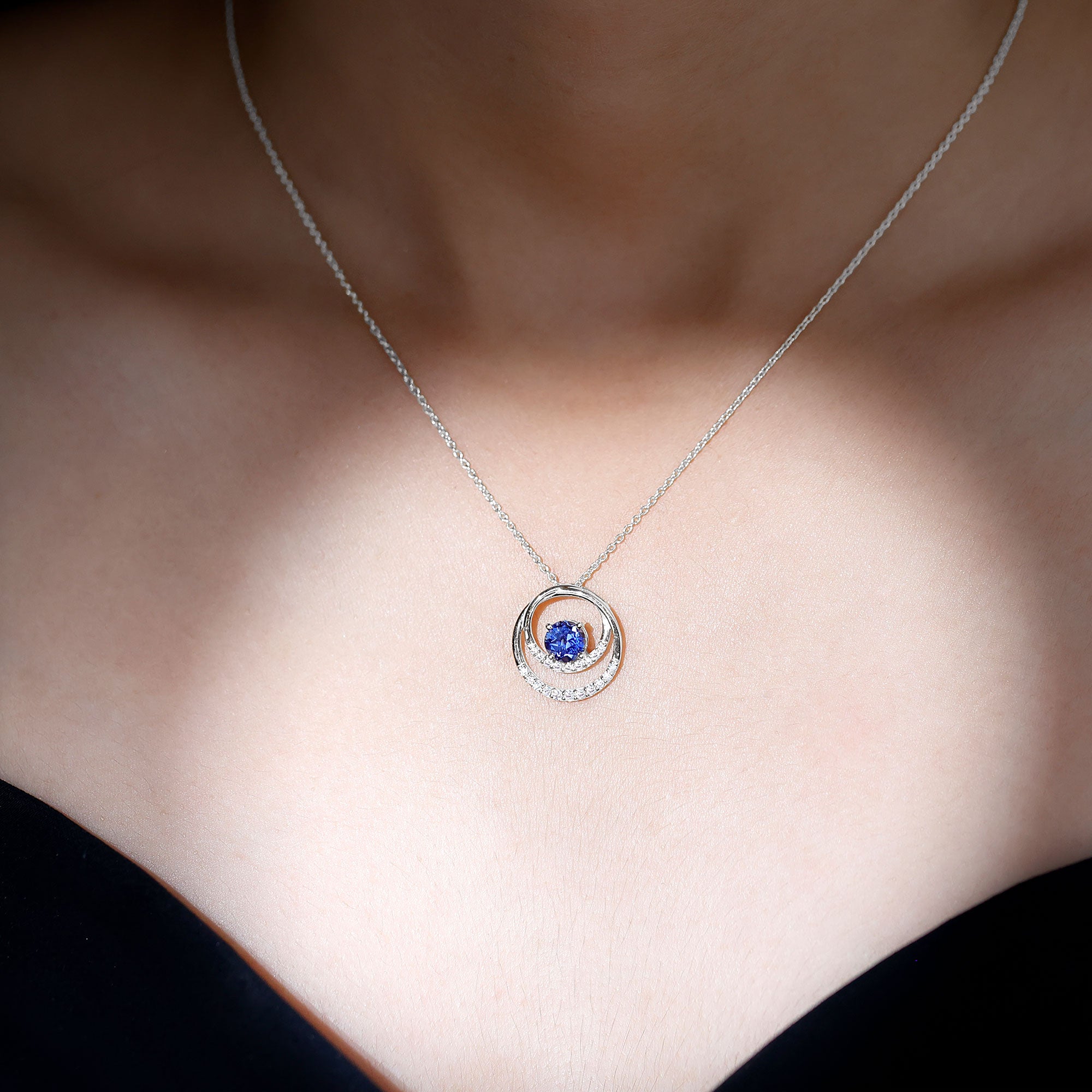 Lab Grown Blue Sapphire and Moissanite Promise Necklace AAAA - Rosec Jewels