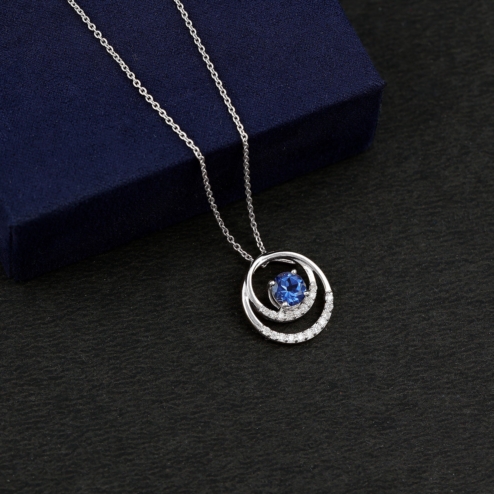 Lab Grown Blue Sapphire and Moissanite Promise Necklace AAAA - Rosec Jewels