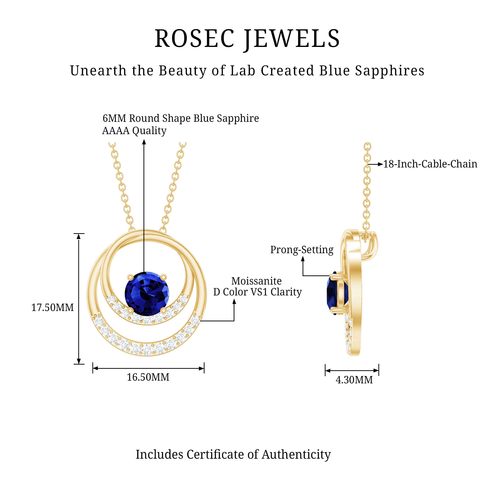 Lab Grown Blue Sapphire and Moissanite Promise Necklace AAAA - Rosec Jewels