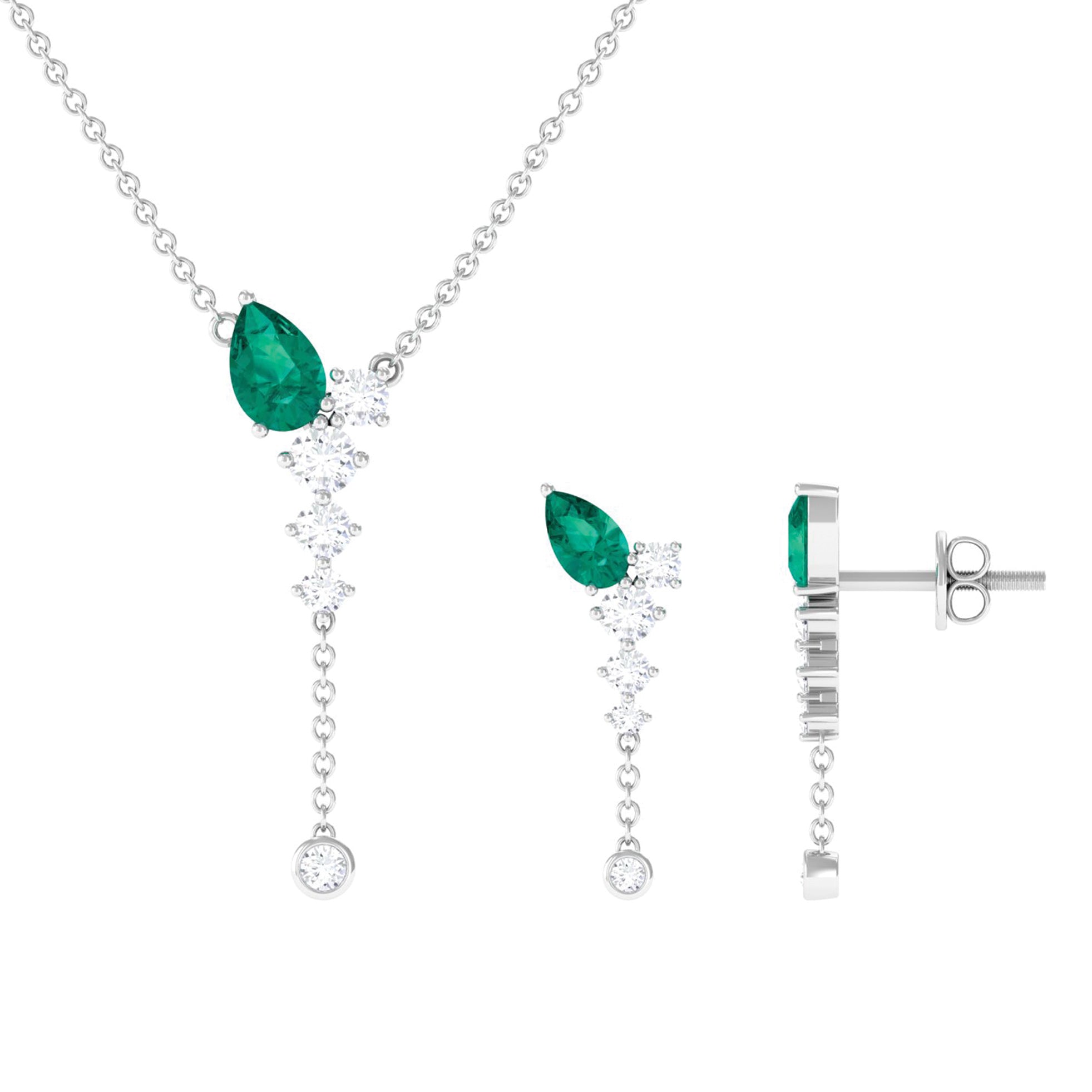 Minimal Emerald Dangle Necklace and Earrings Set with Diamond