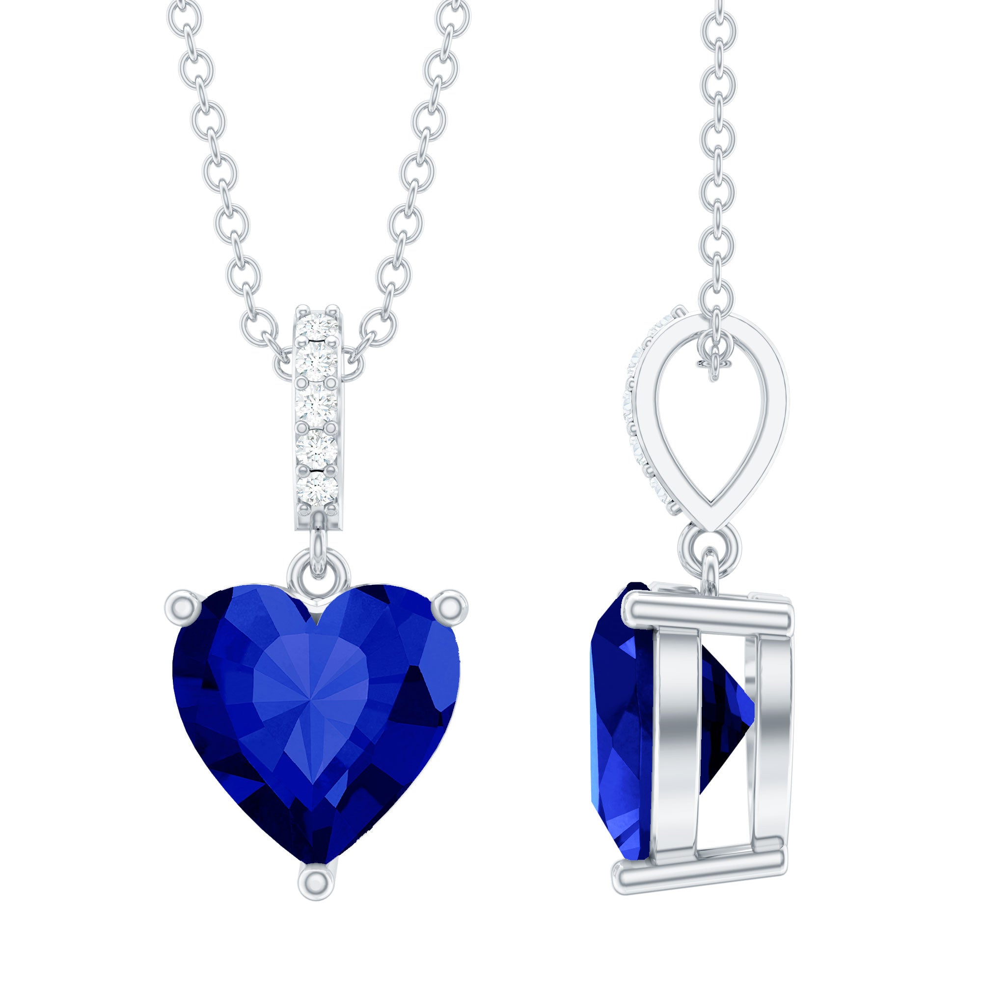 2 Carat Heart Shape Lab Created Blue Sapphire Solitaire Pendant with Diamond