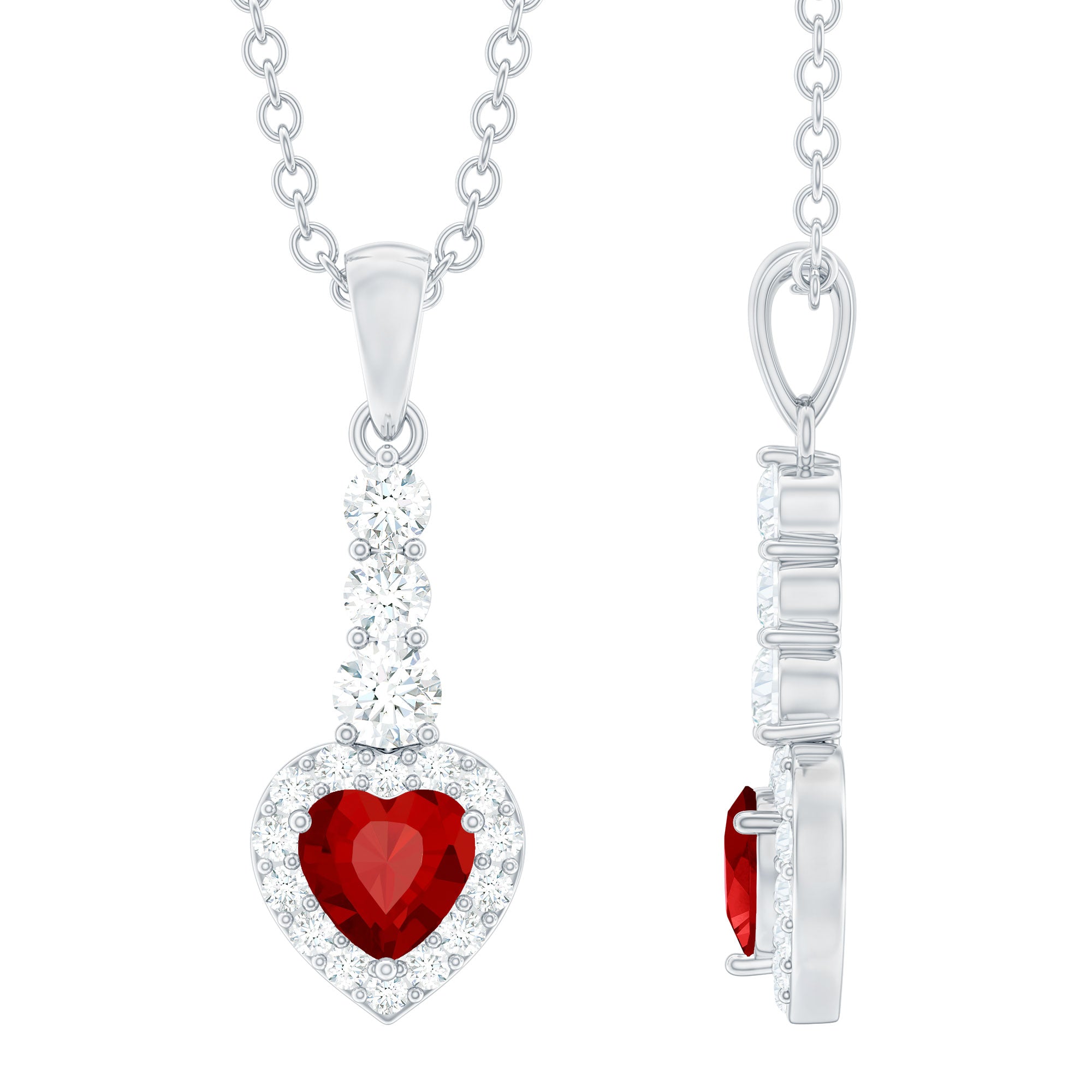 Heart Shape Created Ruby and Diamond Dangle Pendant