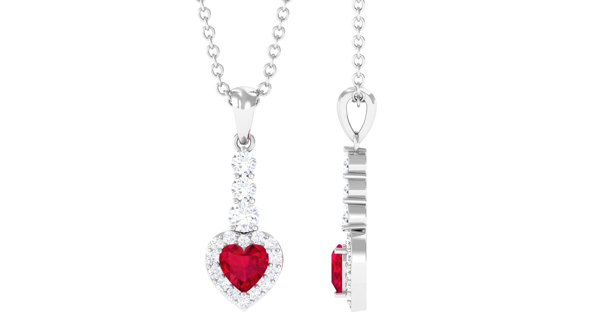 Heart Shape Created Ruby and Diamond Dangle Pendant